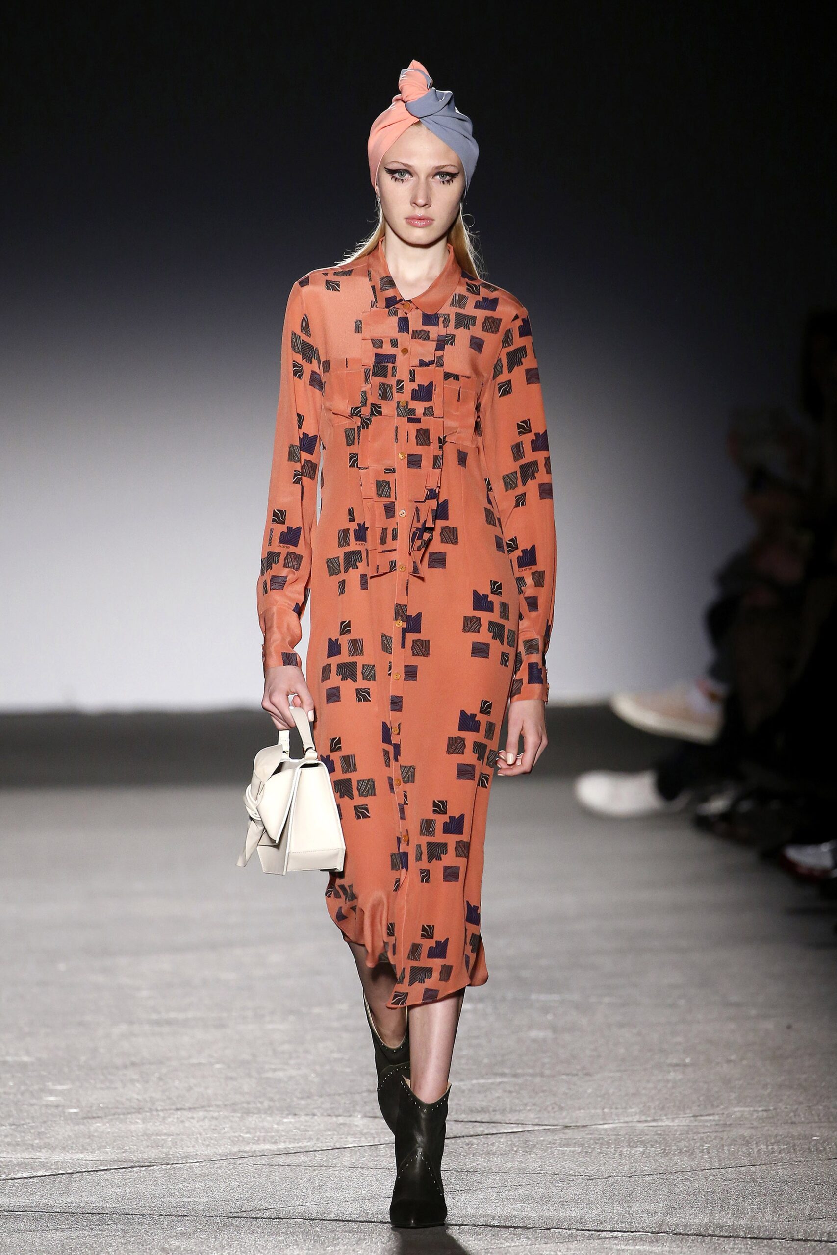 orange silk long-sleeve collared fitted printed midi dress