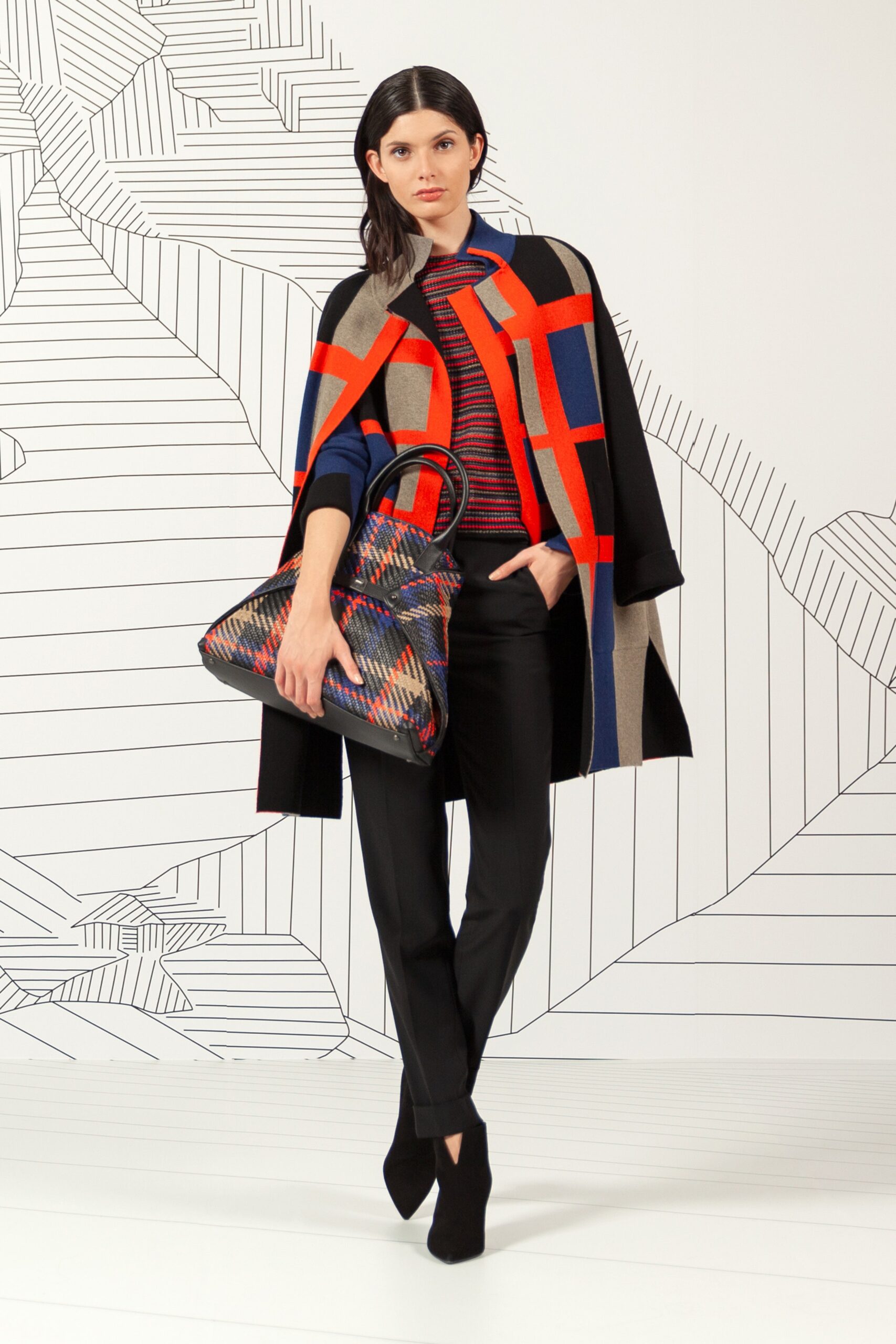 color-blocked coat with tailored pants