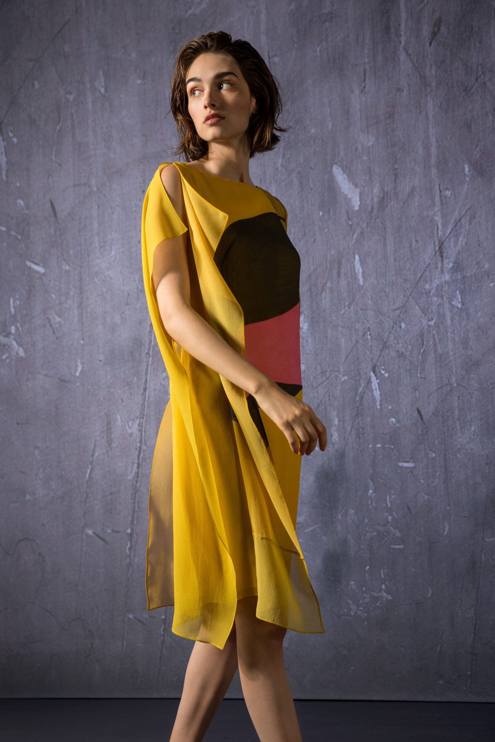yellow color-blocked midi dress