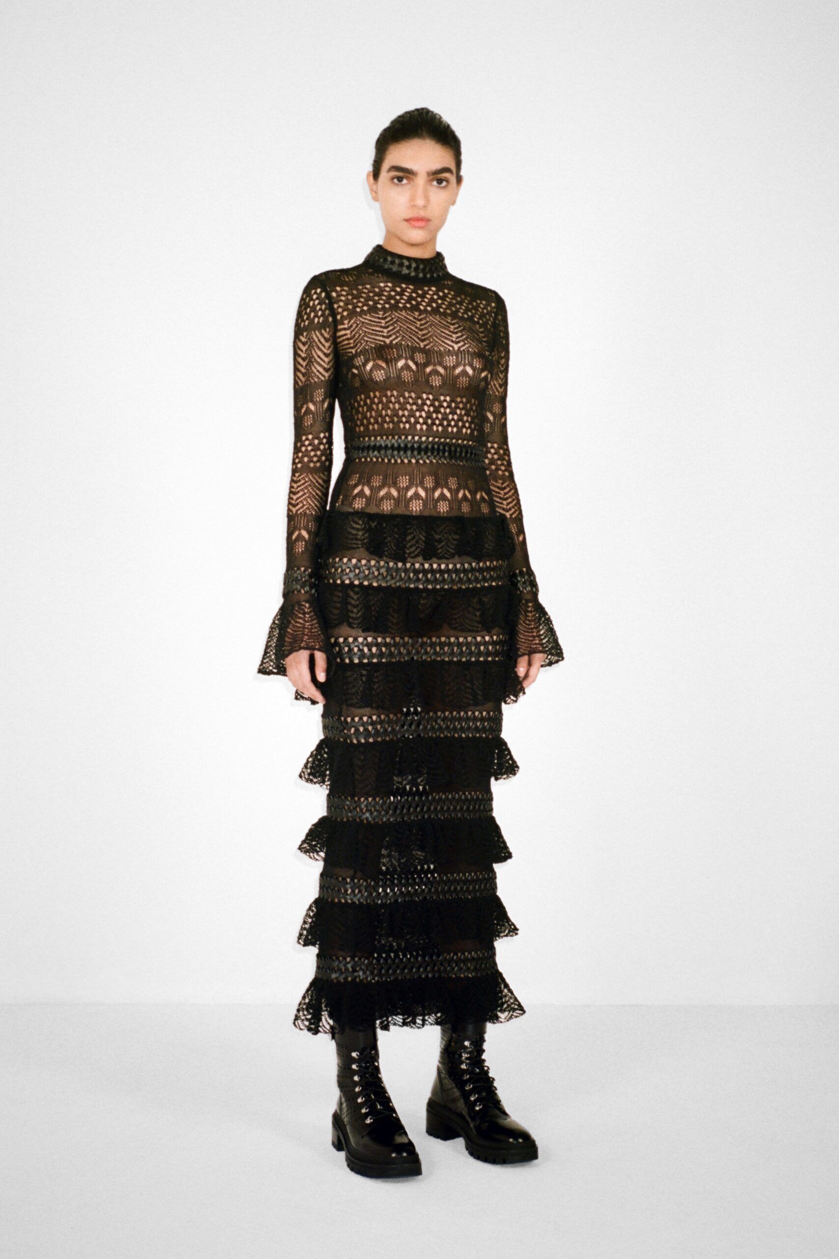 black lace long-sleeve tiered dress
