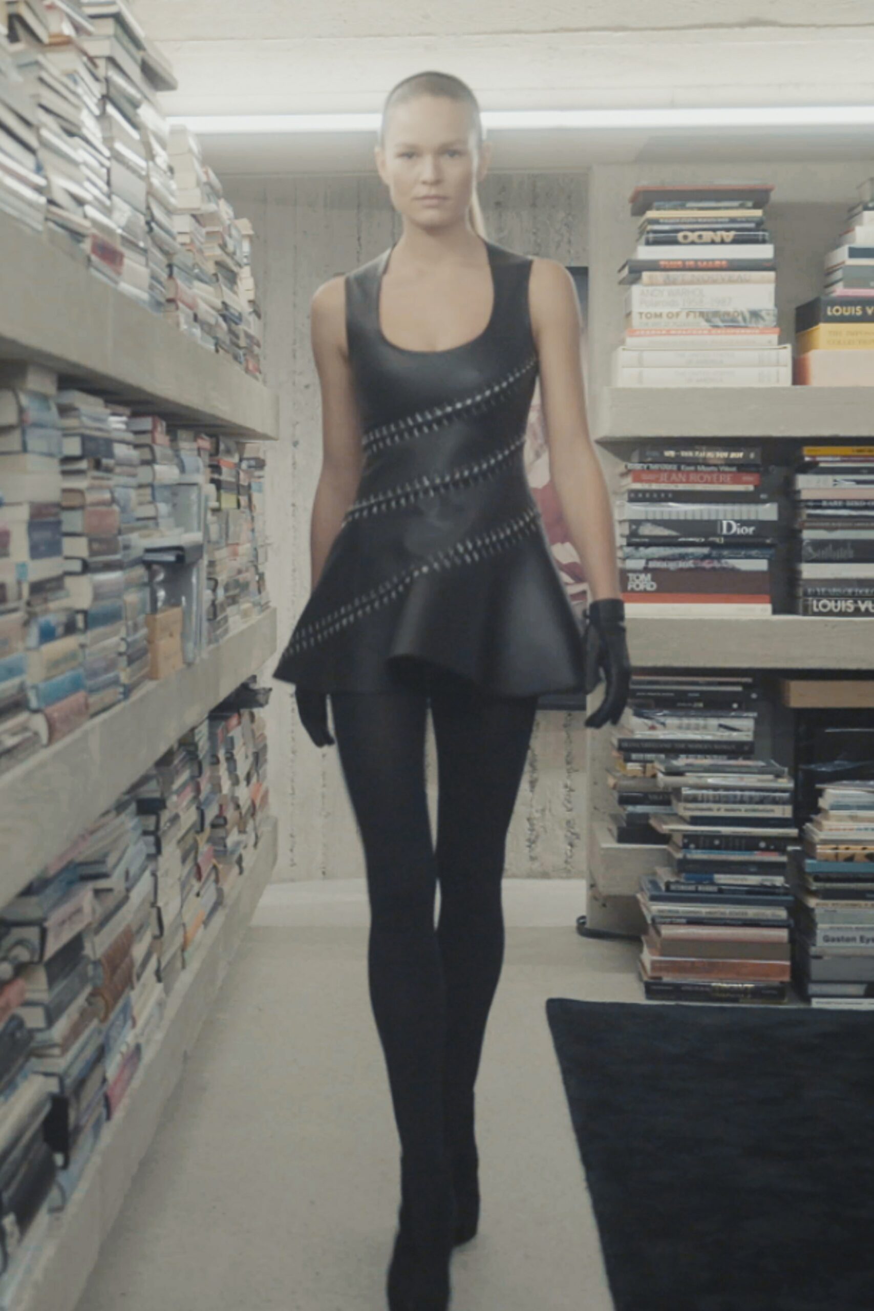 black leather sleeveless v-neck fitted flared mini dress