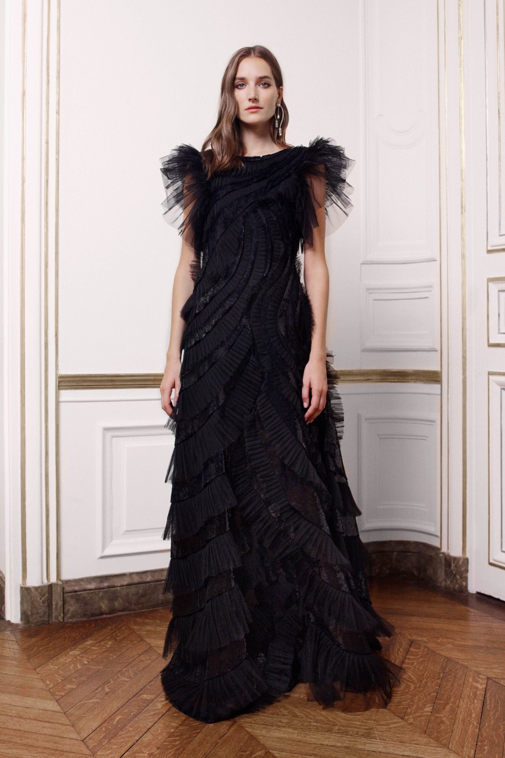 black ruffled tulle gown