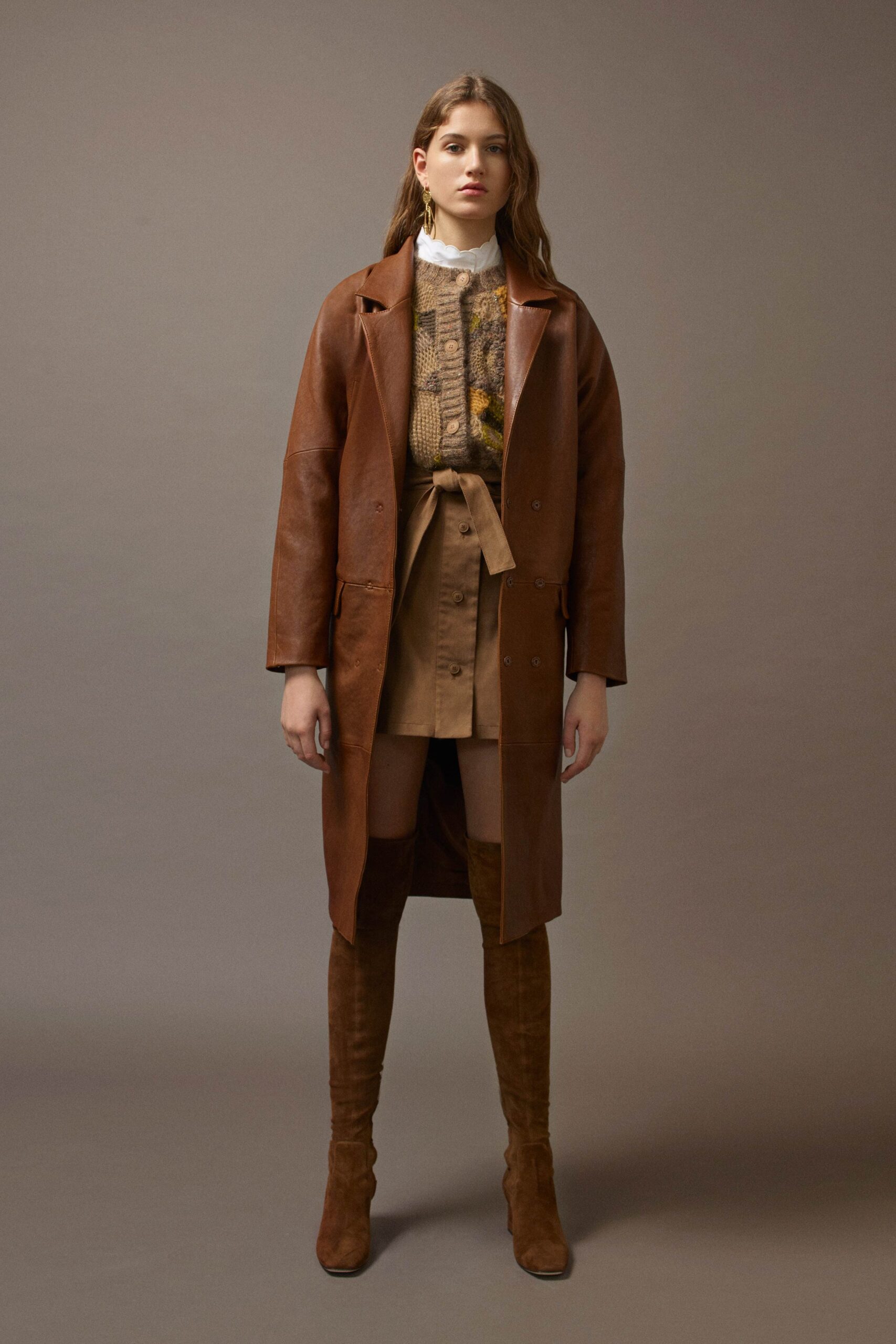 beige wool long-sleeve collared fitted textured sweater