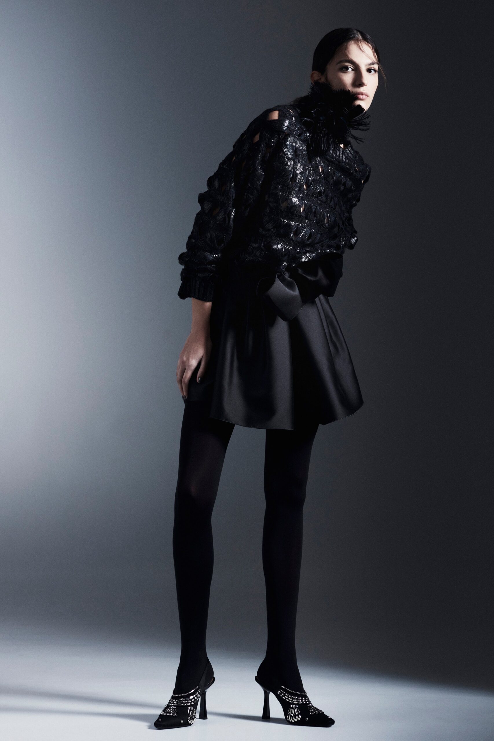 black silk ruffled top and mini skirt