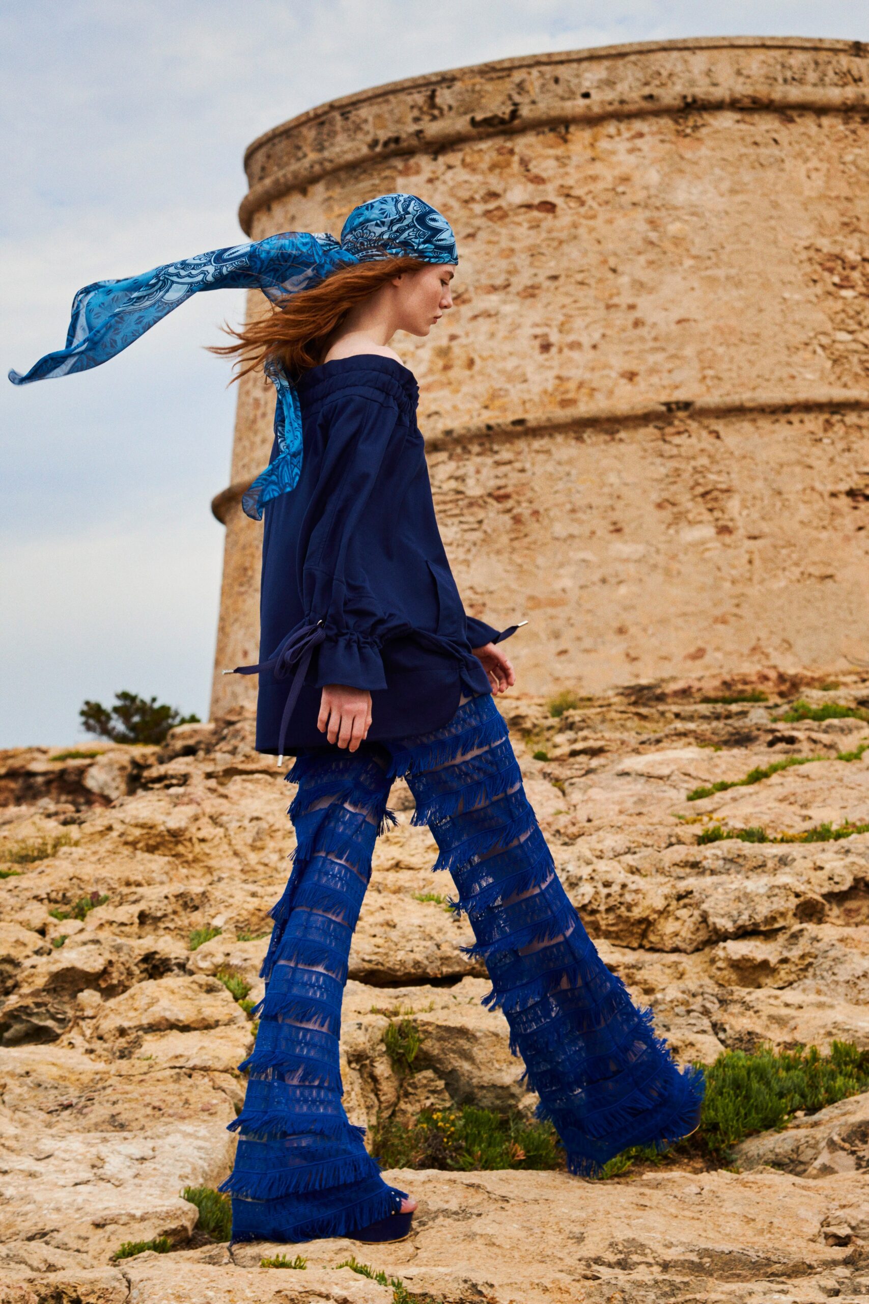 blue cotton off-shoulder long-sleeve relaxed ruffled top