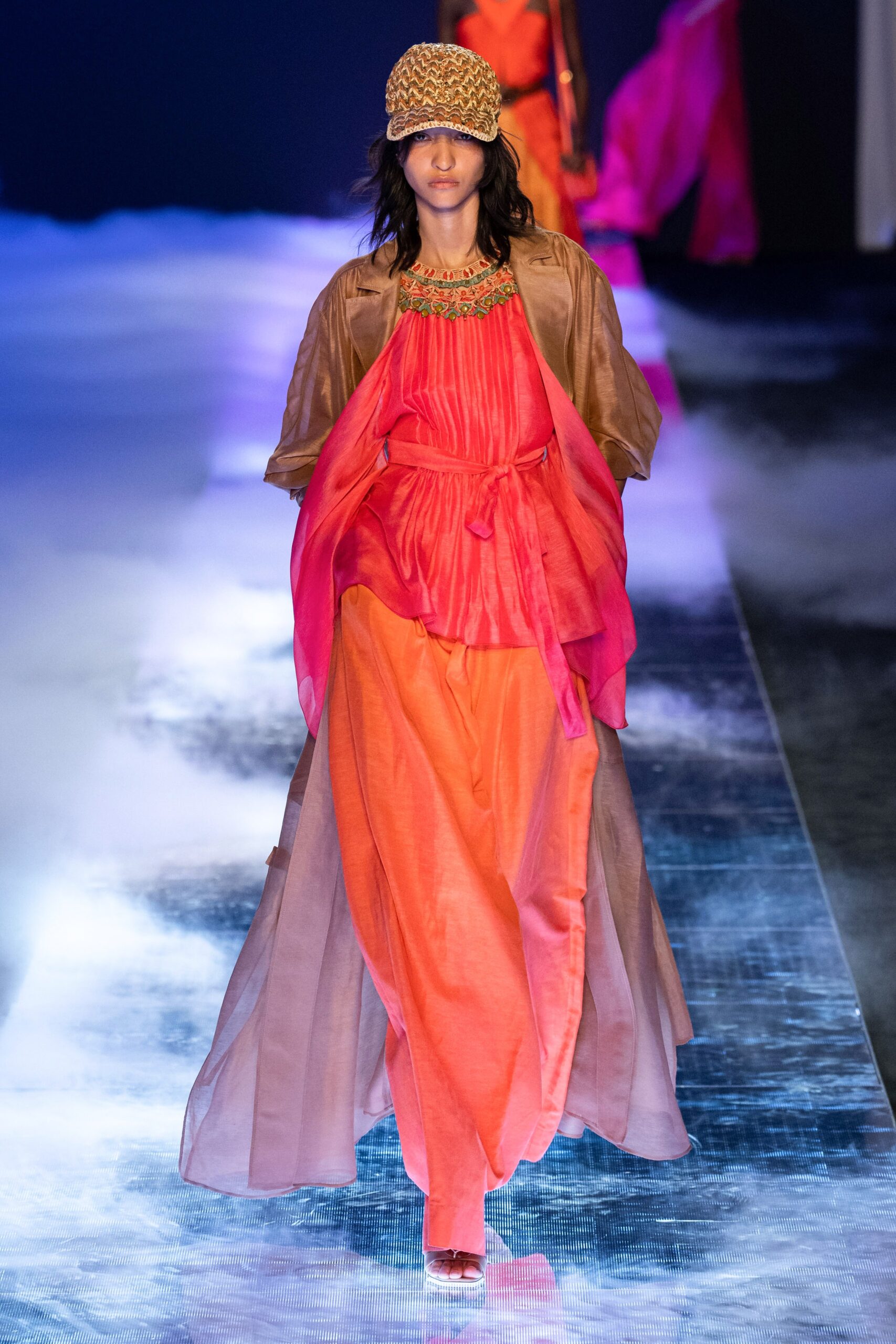 orange pink silk maxi dress with cape