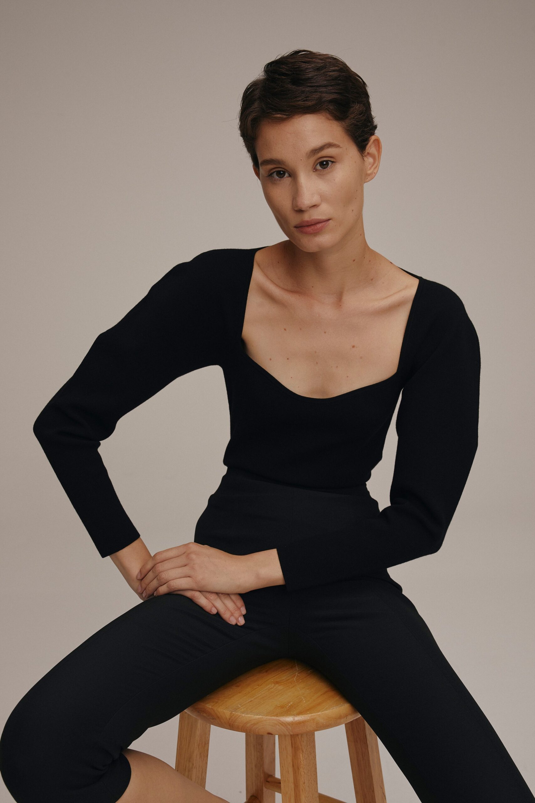 black fitted top and pants