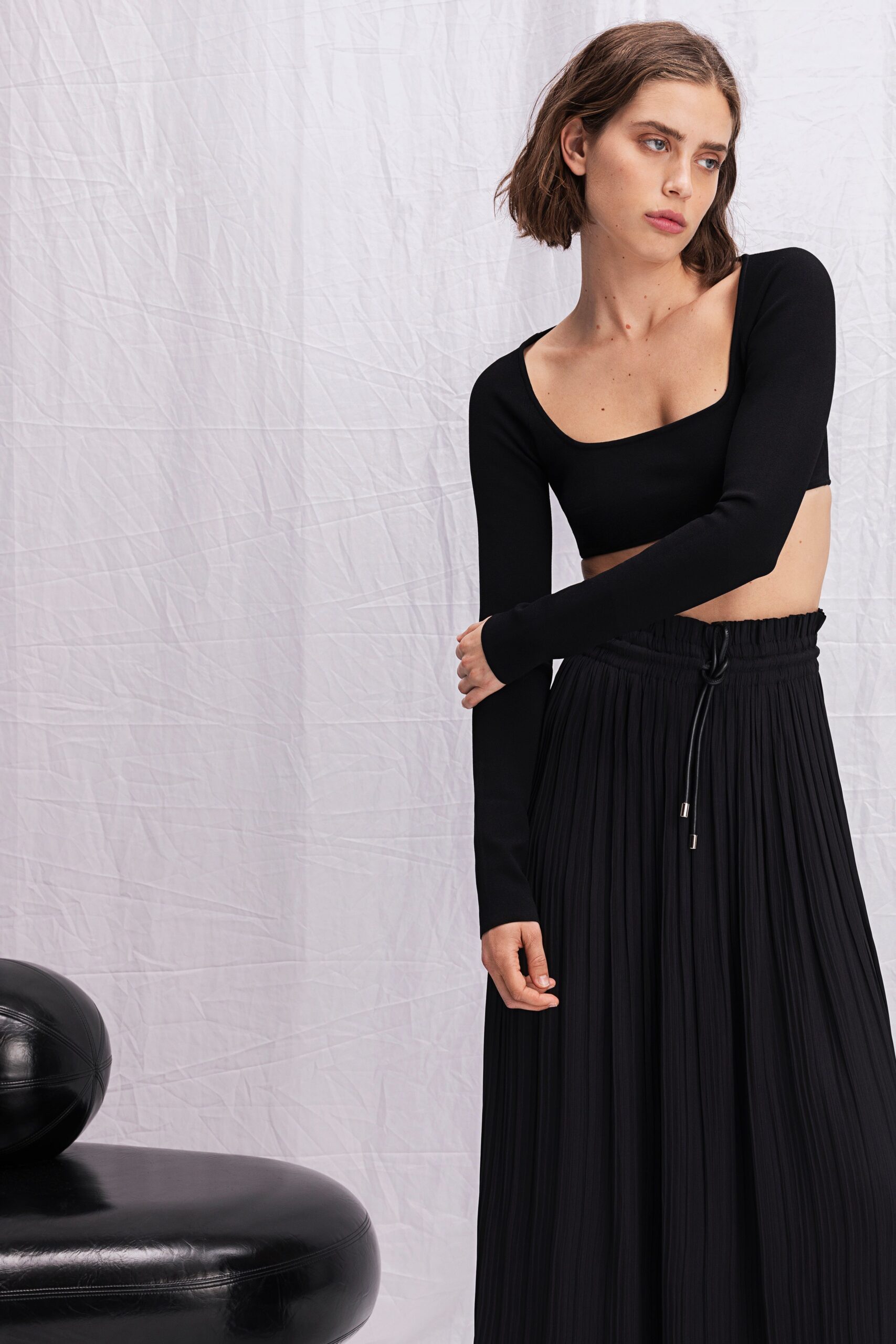 black long-sleeve square-neck fitted top