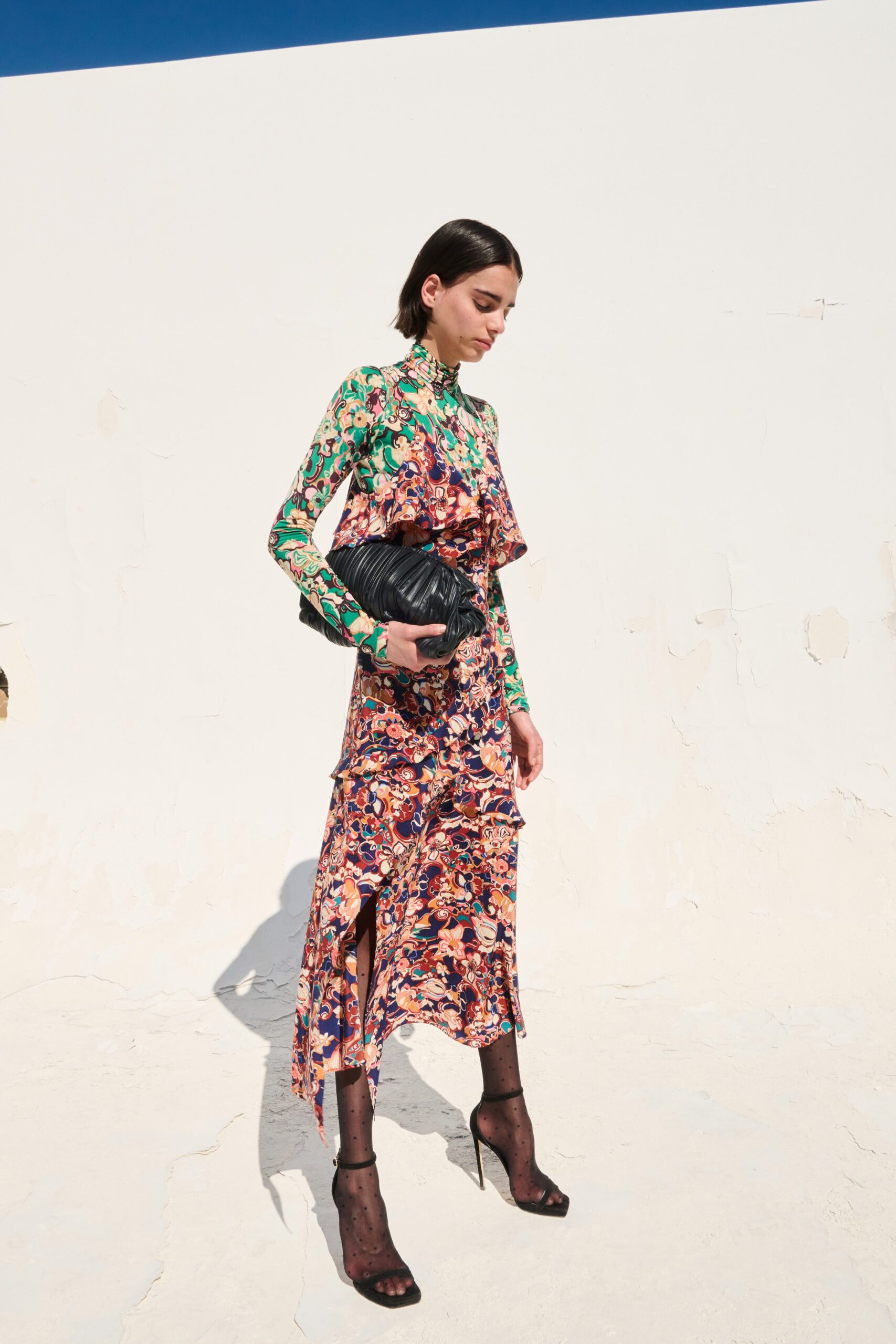 green silk long-sleeve high-neck fitted ruffled tiered dress