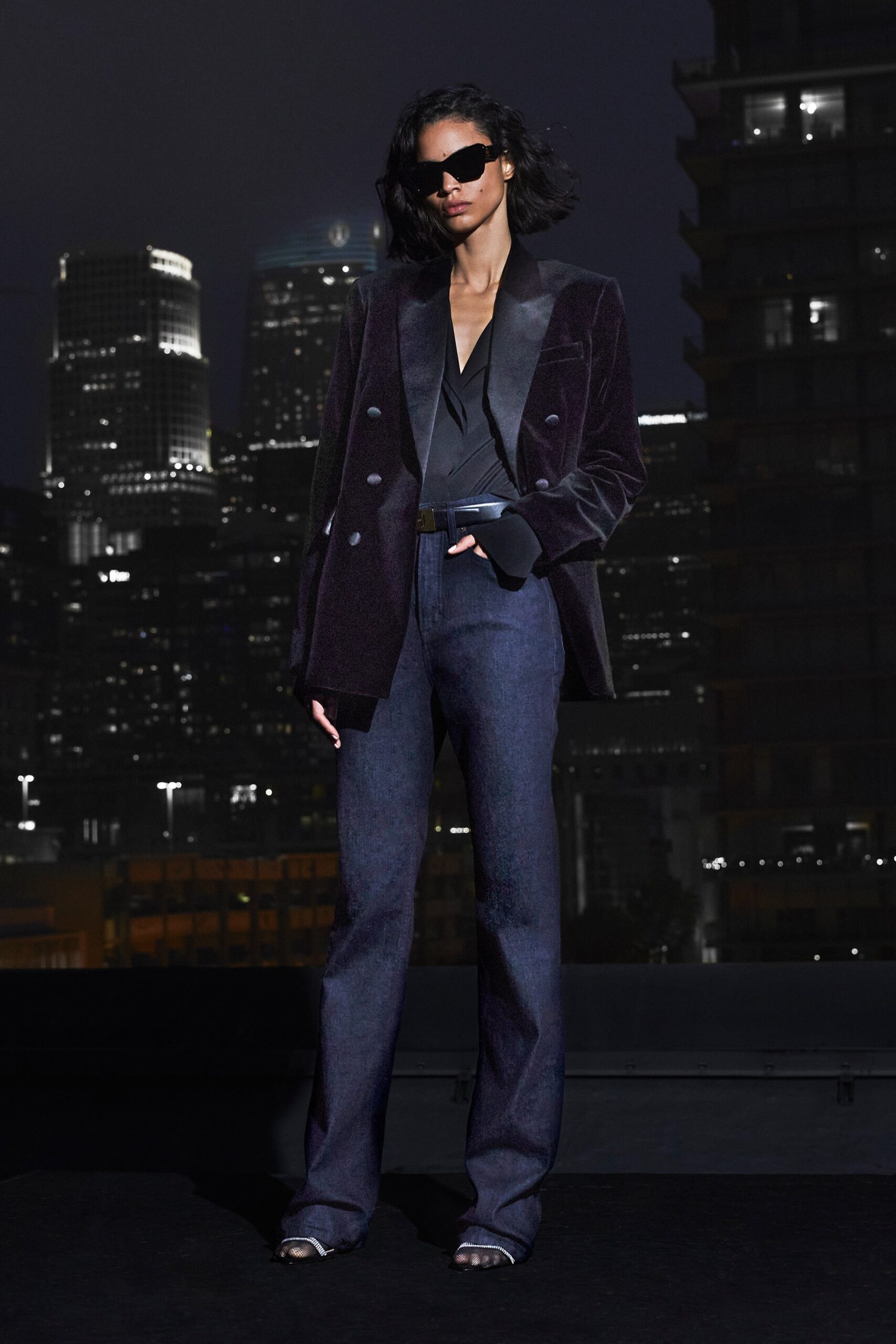 tailored velvet blazer with denim pants