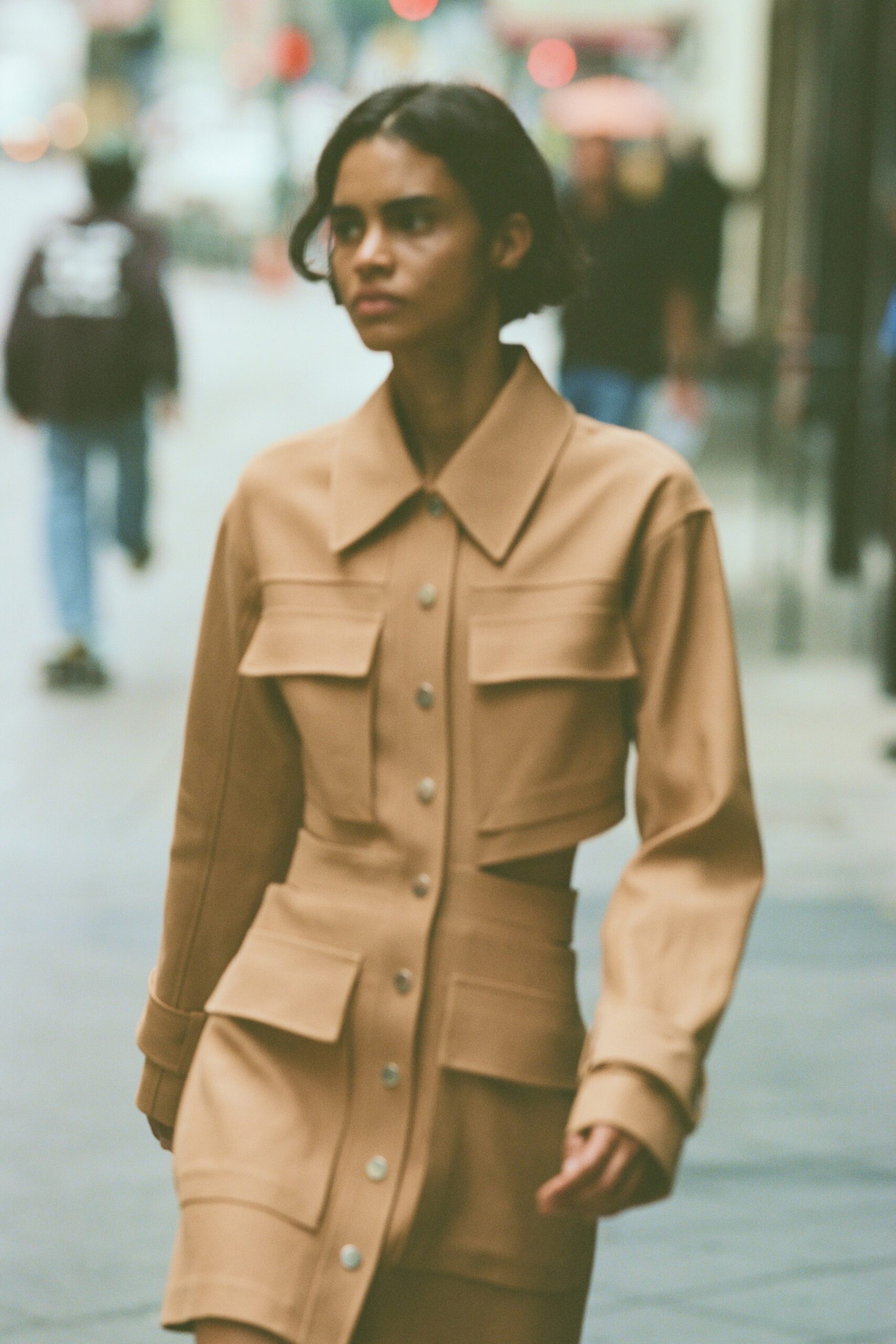 beige fitted collared mini dress