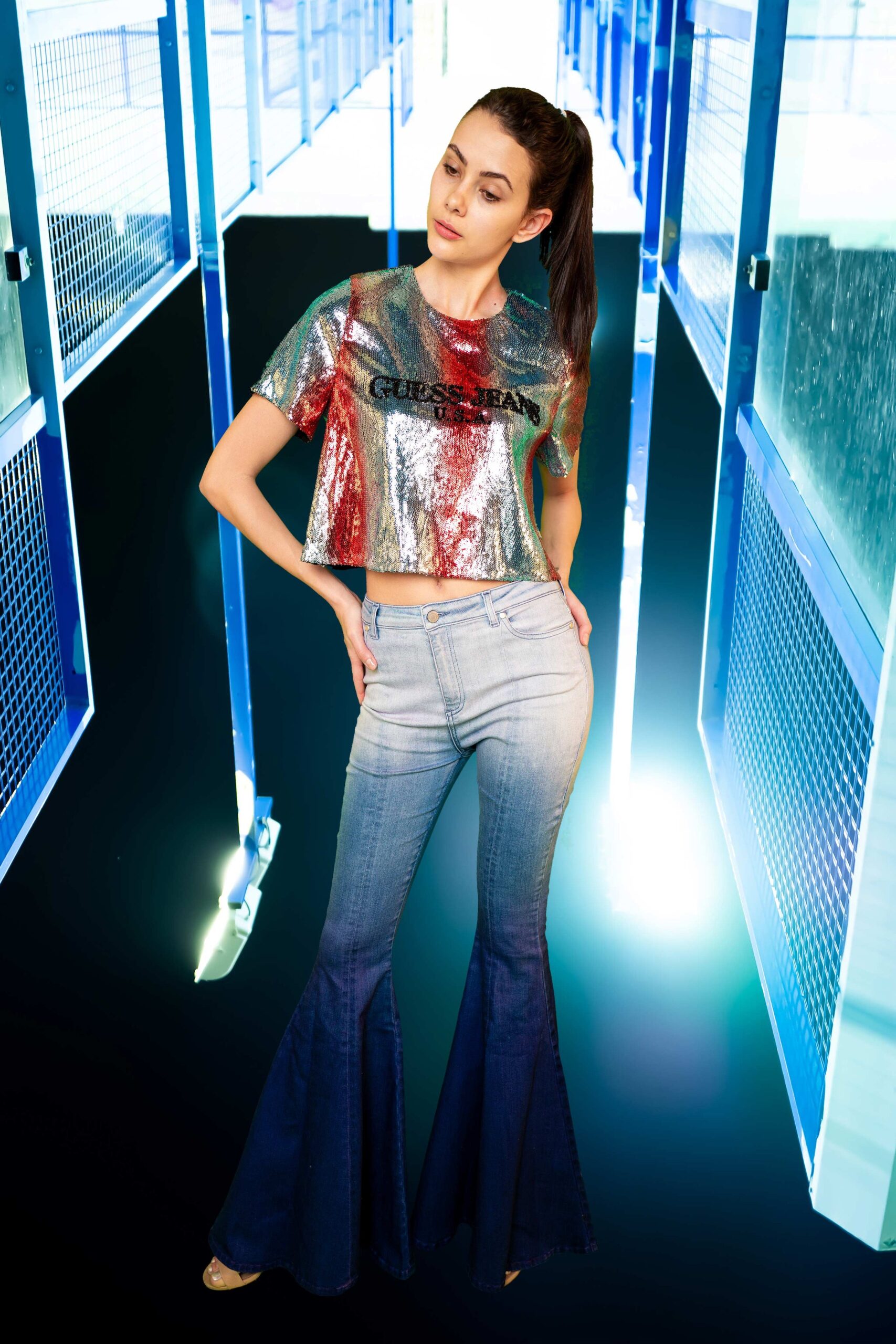 multi sequin short-sleeve collared fitted shiny cropped top