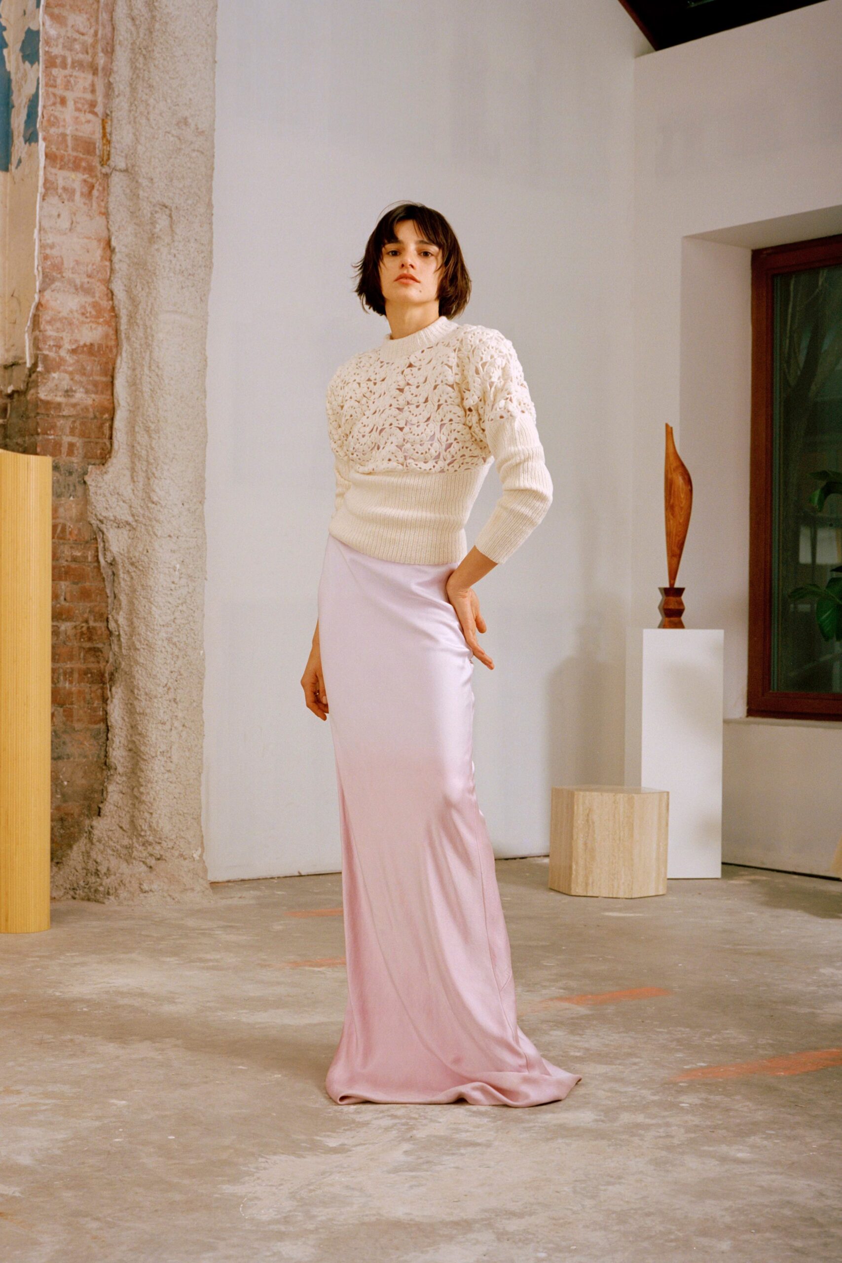 pink silk fitted high-waisted straight-leg flowing midi skirt