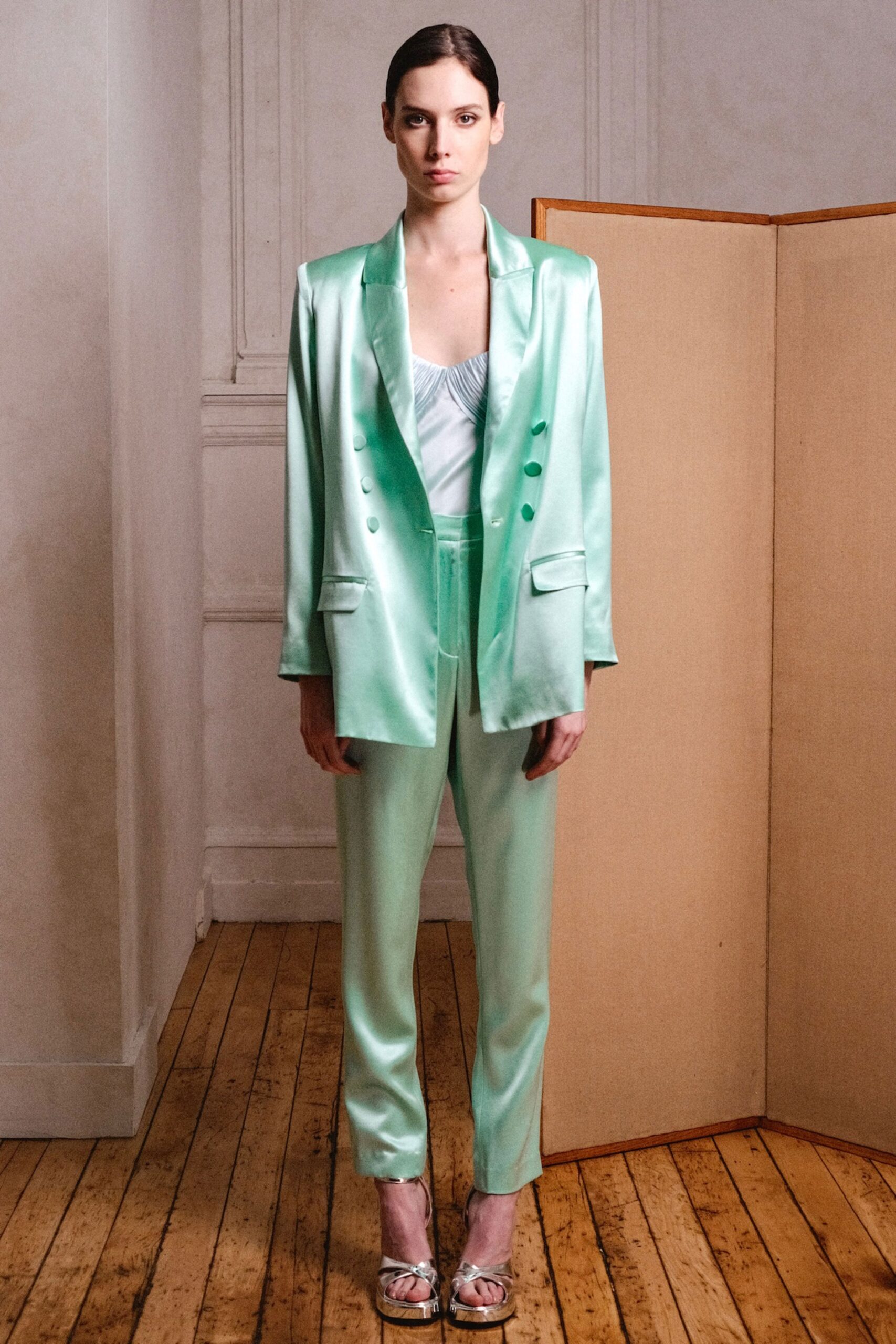 green satin tailored blazer and pants