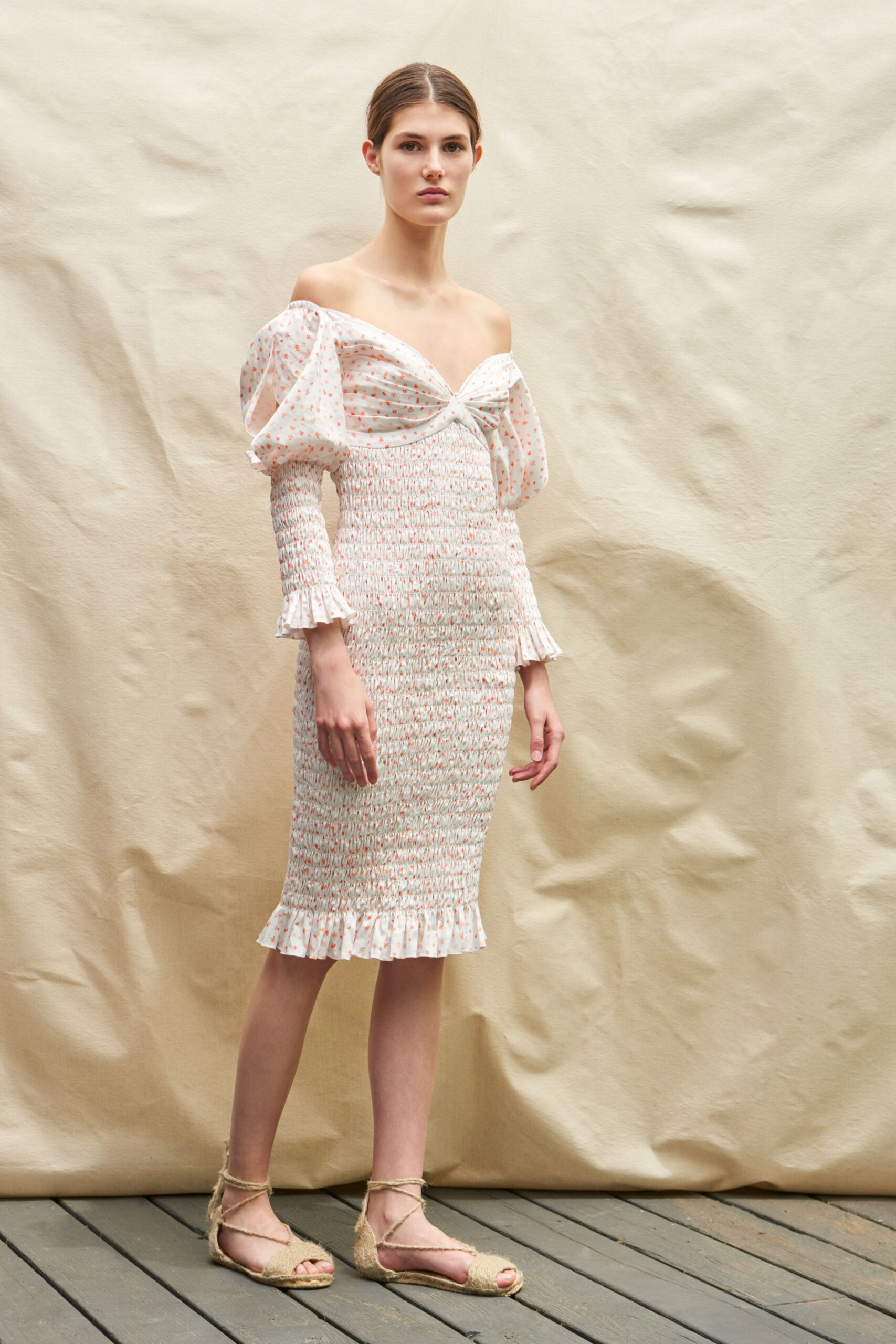 white and pink off-shoulder dress