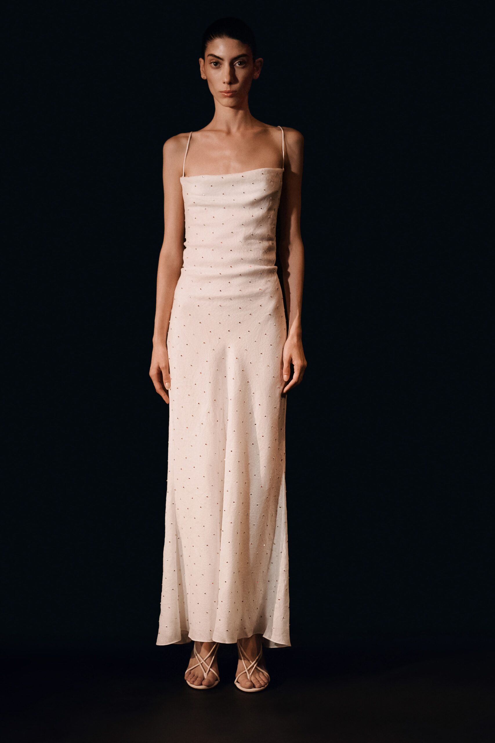 beige silk sleeveless gown