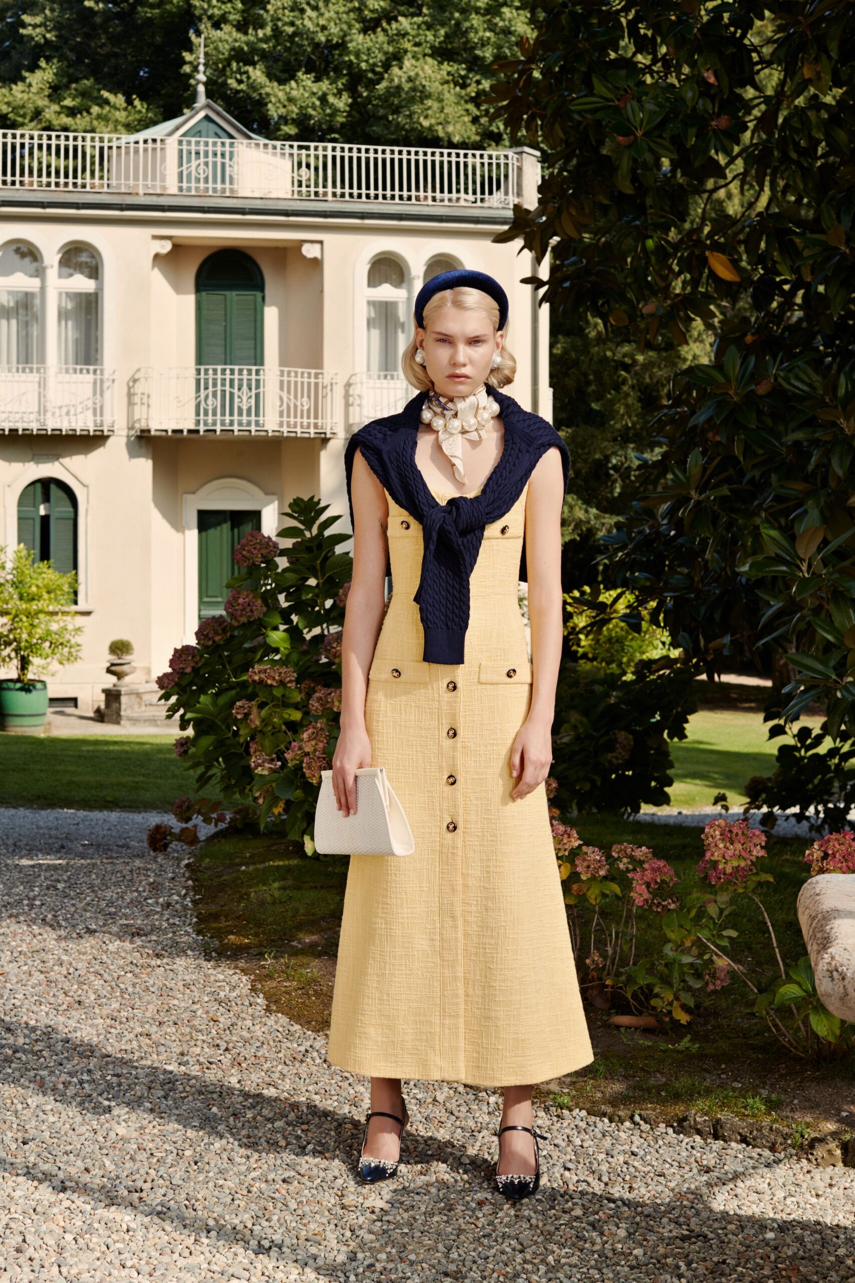 yellow midi dress with navy sweater