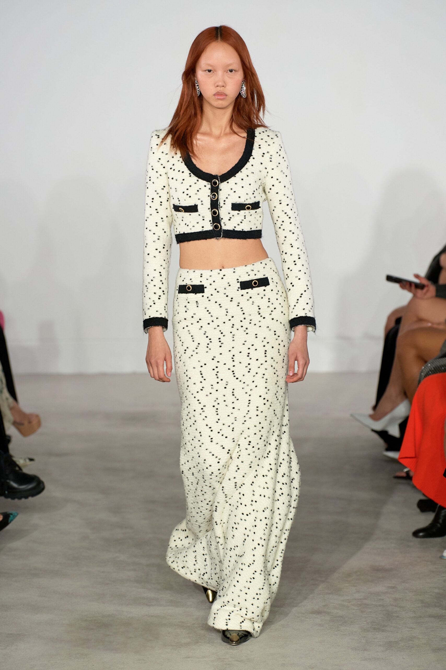 white and black fitted top with maxi skirt