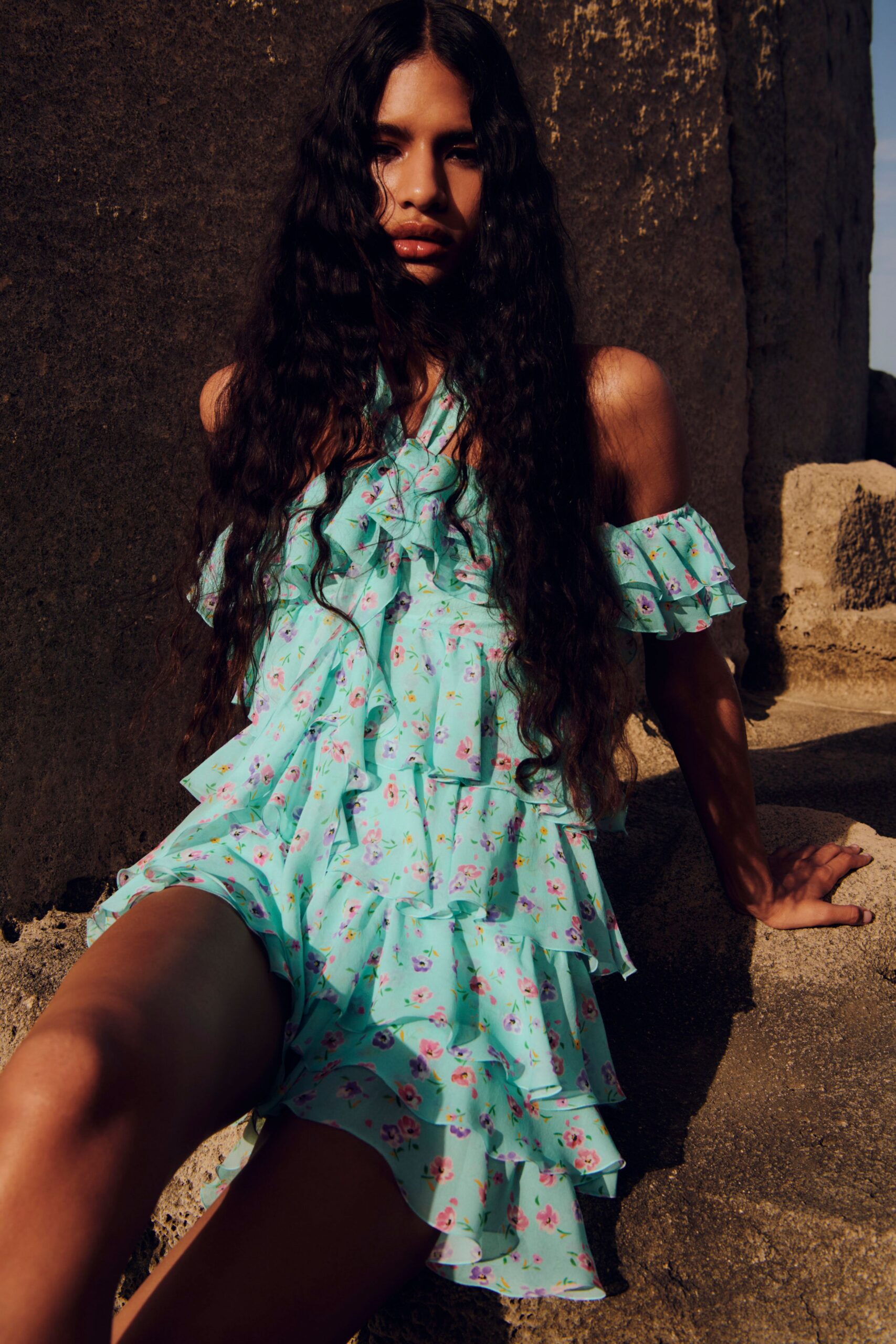 blue ruffled off-shoulder dress