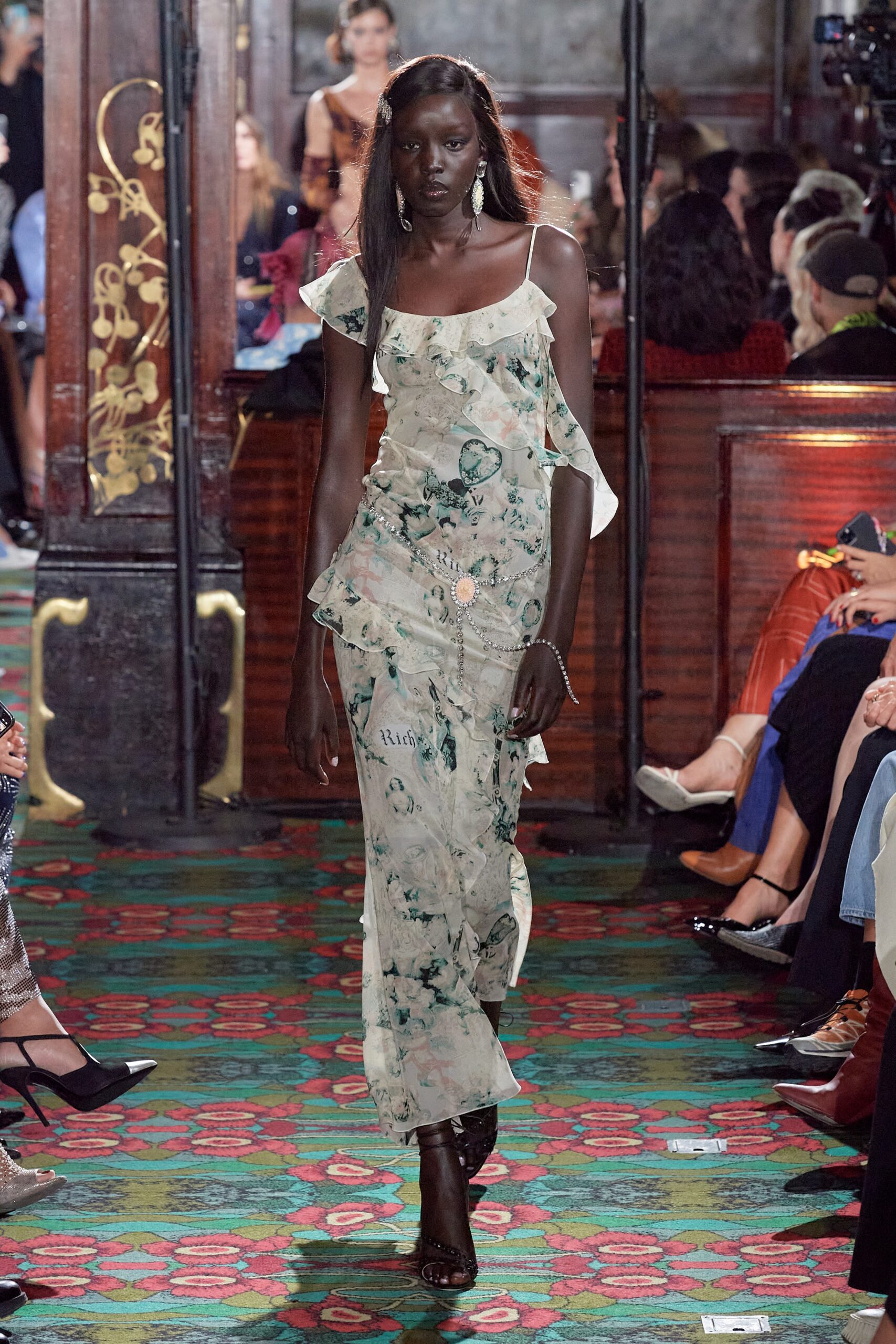 white green ruffled midi dress