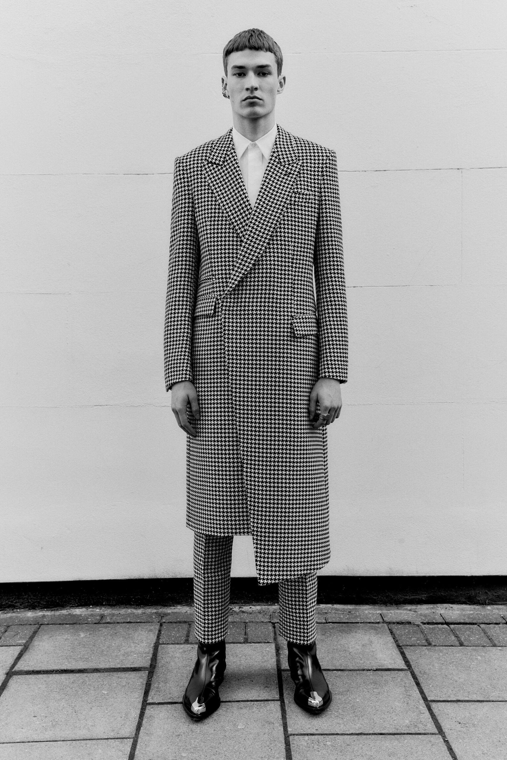 black and white checked coat and pants