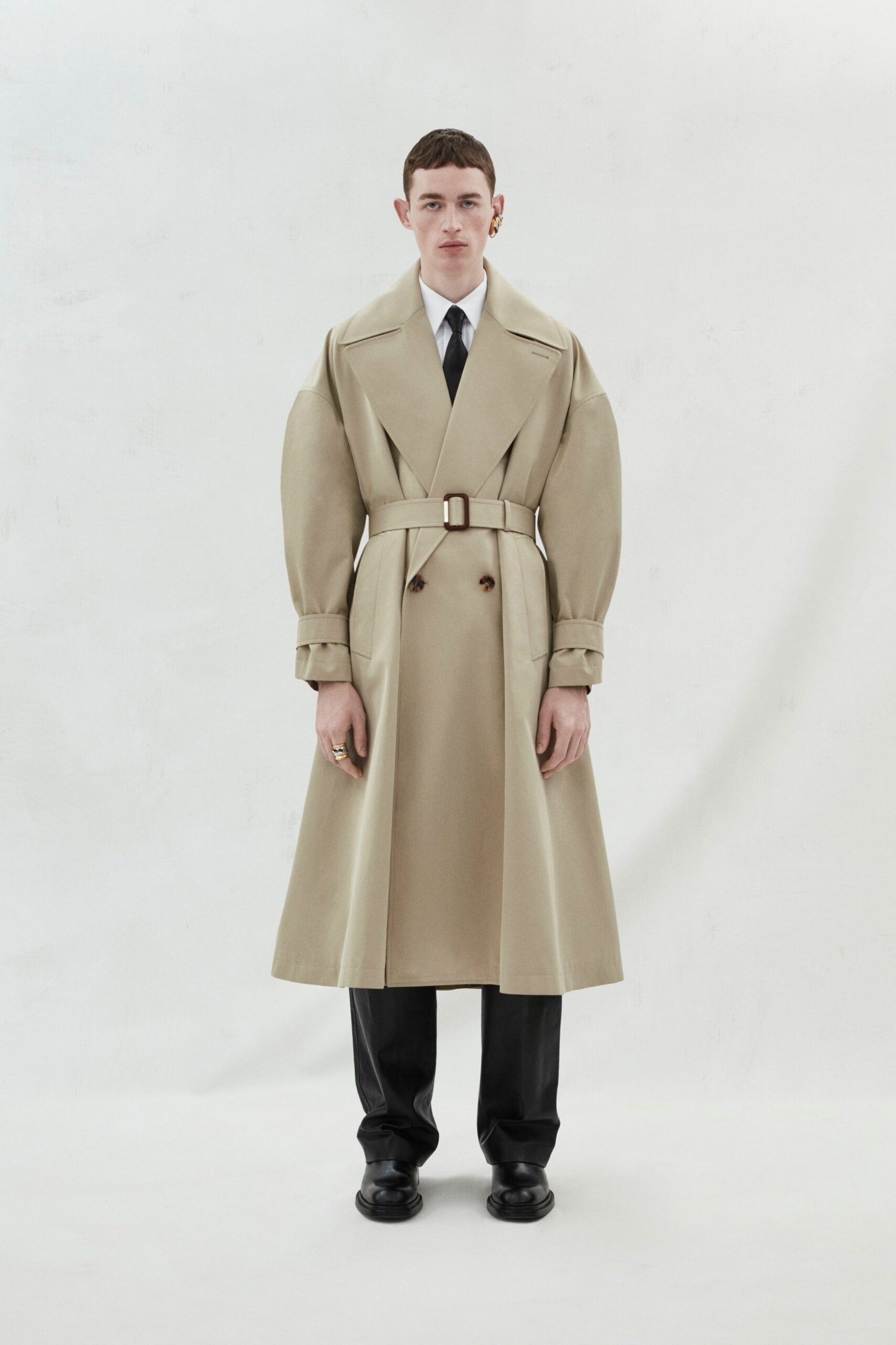 beige cotton long-sleeve collared structured belted midi trench