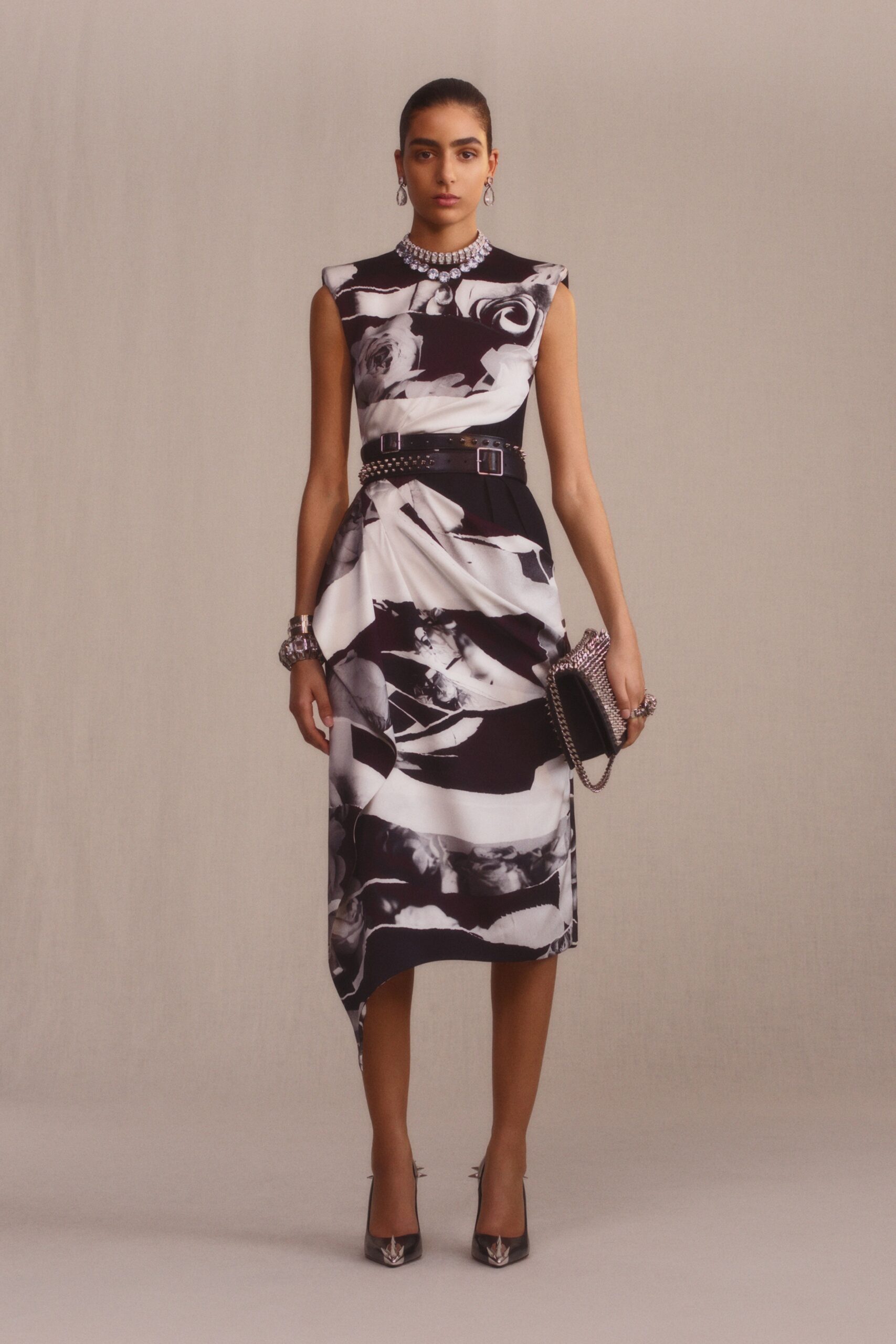 fitted black and white printed dress
