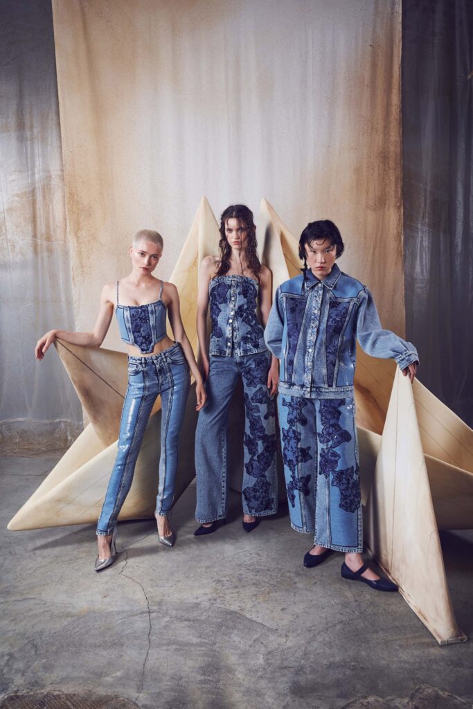 blue denim bustier and pants