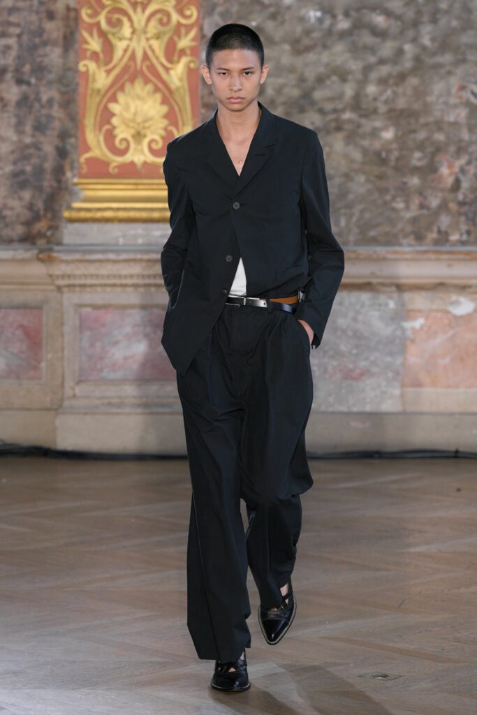 black tailored suit with relaxed pants