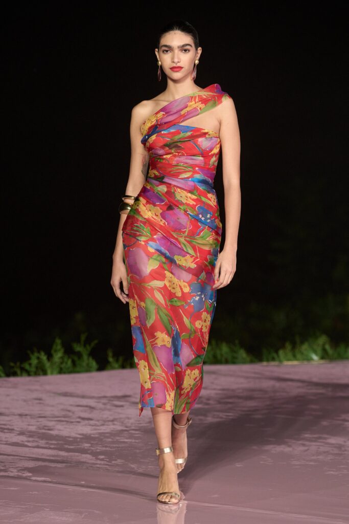 floral silk off-shoulder dress