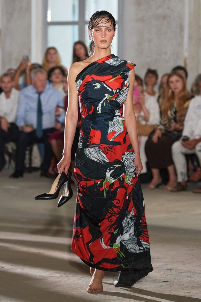 red printed silk gown