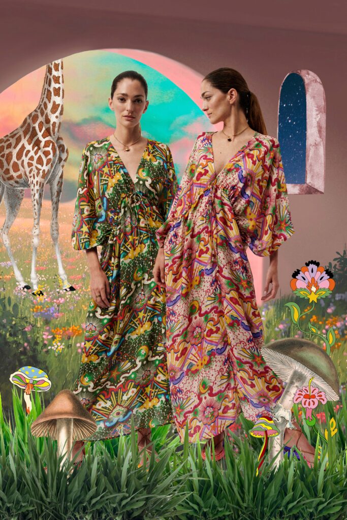 A relaxed multicolor dress with long sleeves and a V-neckline featuring a vibrant printed design.