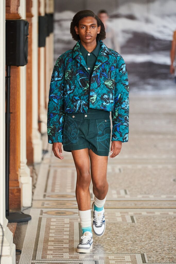 blue green printed jacket with shorts