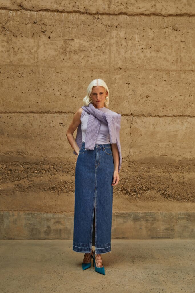 white fitted top with denim skirt