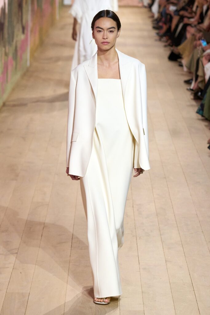 white silk gown and blazer