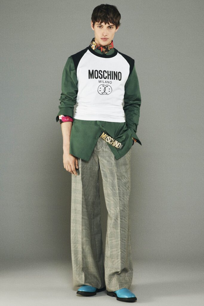 green and white relaxed shirt with gray pants