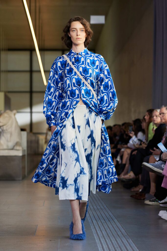 blue printed midi dress with fringed shoes