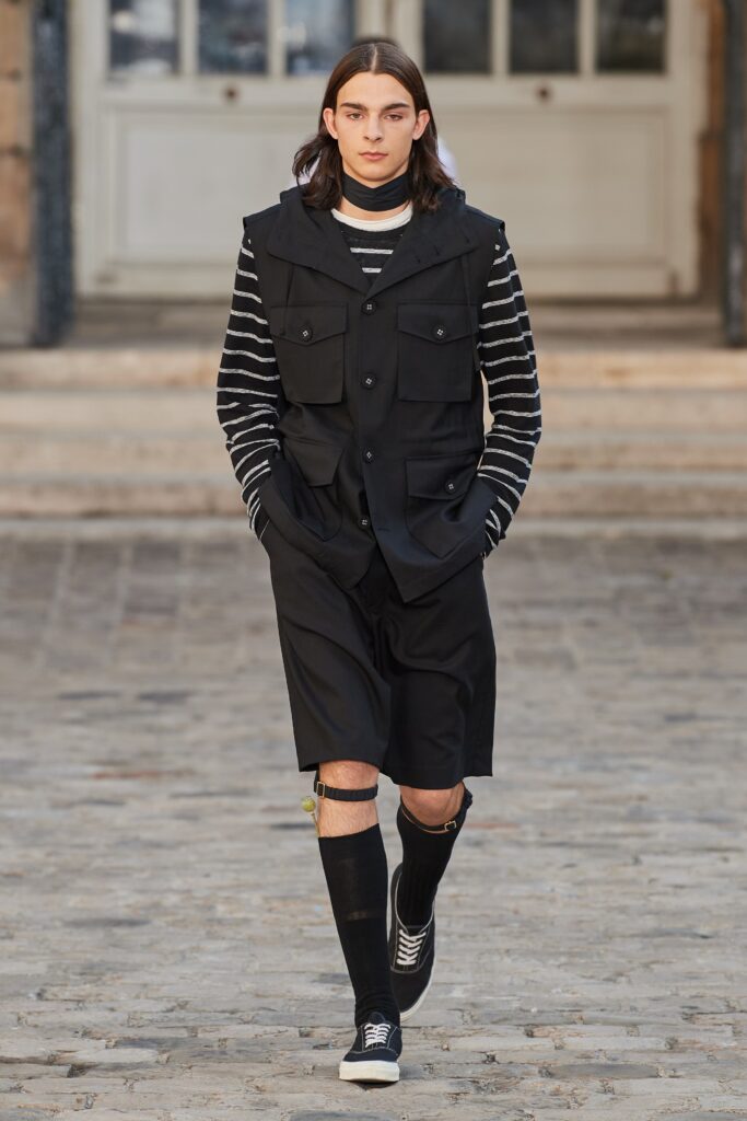 black cotton vest with striped shirt