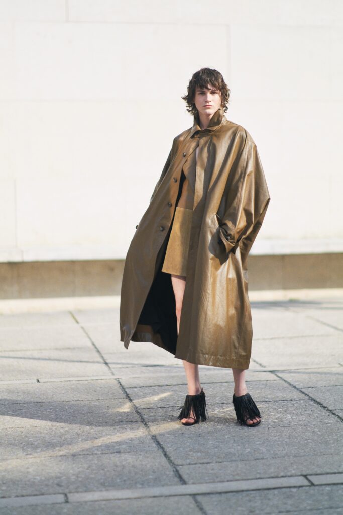 brown leather oversized coat