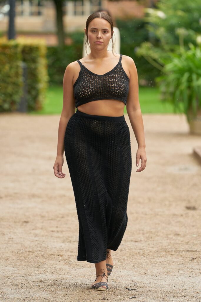 black knit cropped top and maxi skirt