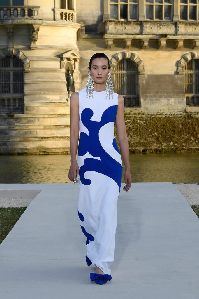white and blue printed gown