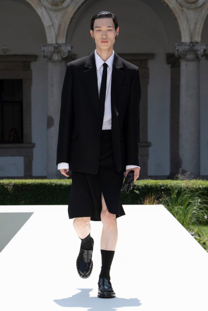 A fitted black blazer with a collared neckline paired with an asymmetric black skirt.