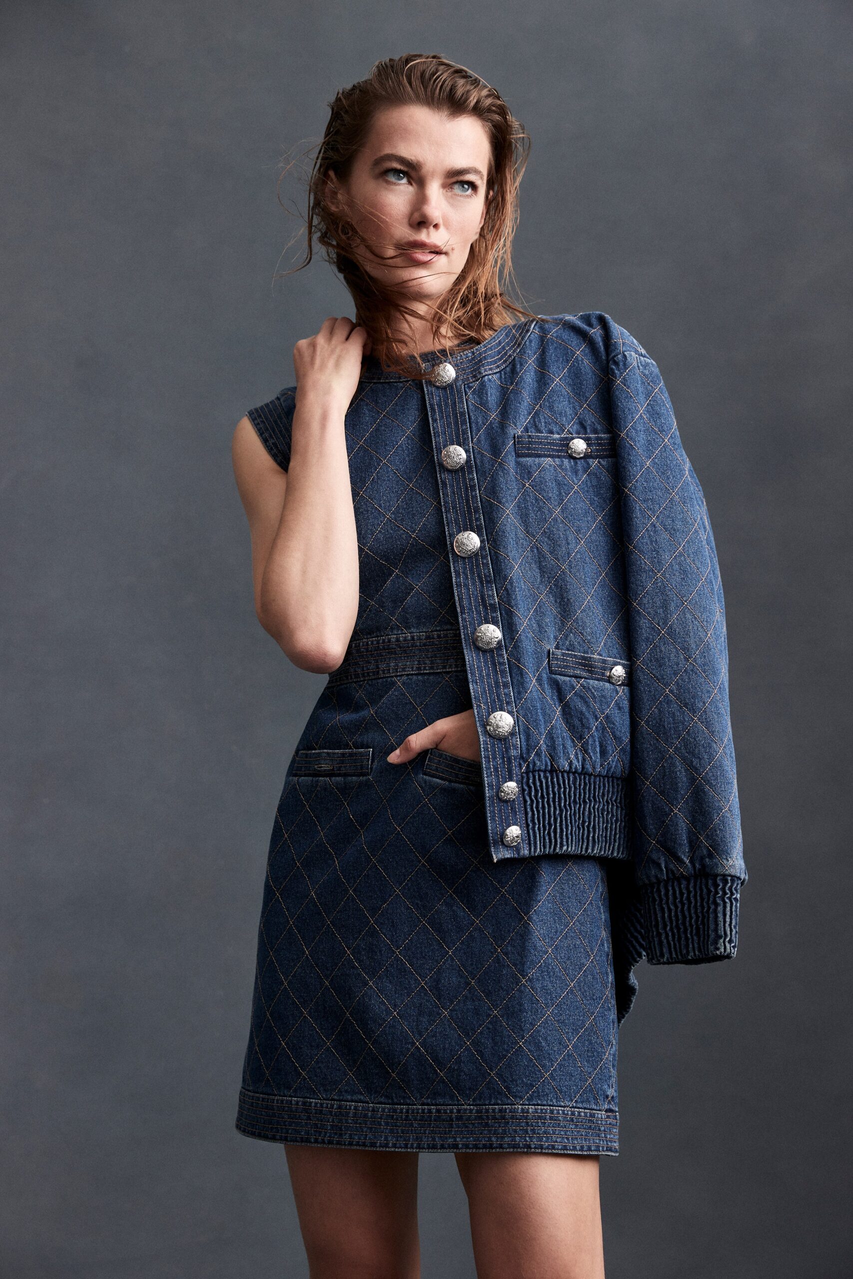 blue denim mini dress and jacket