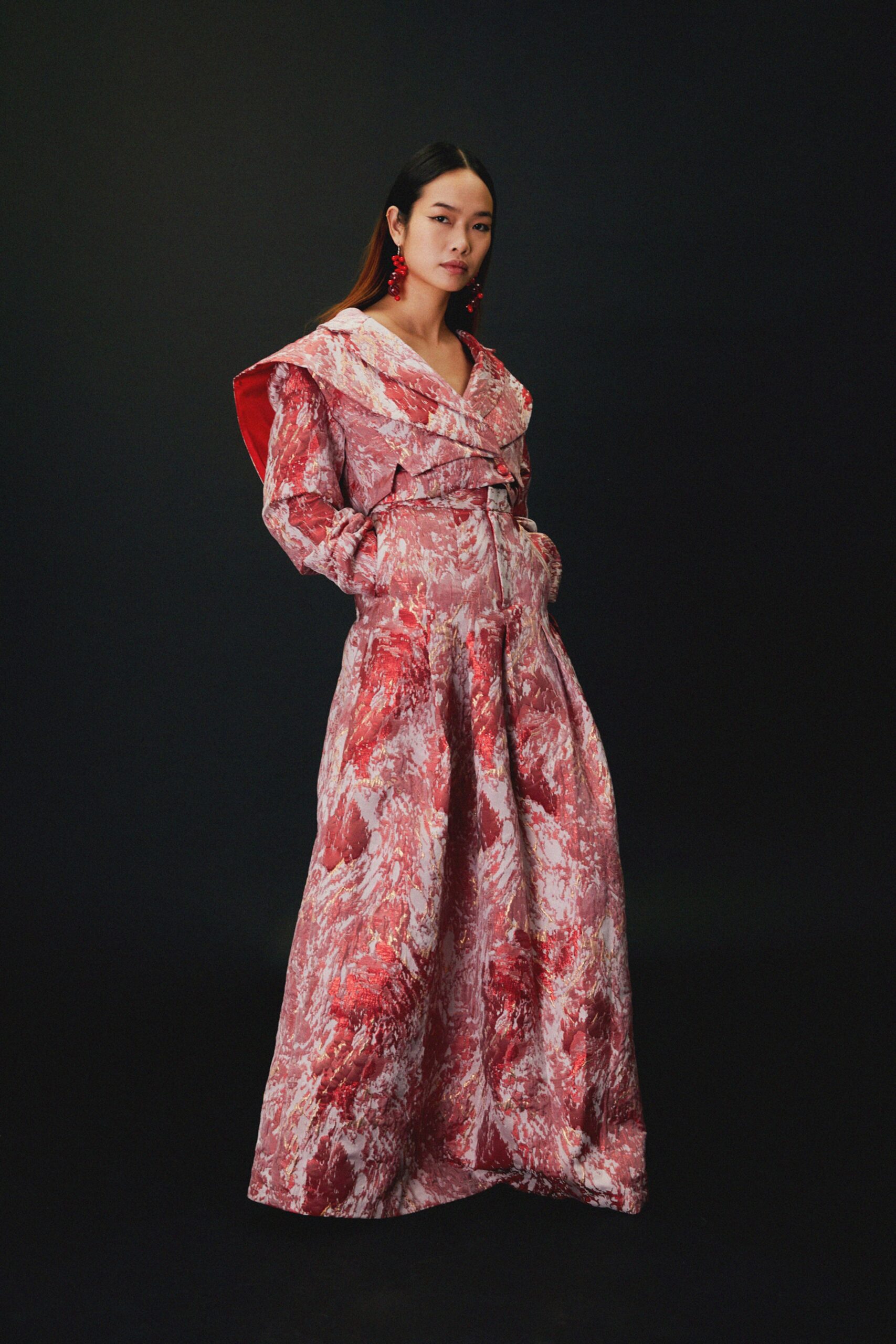 red and white silk gown