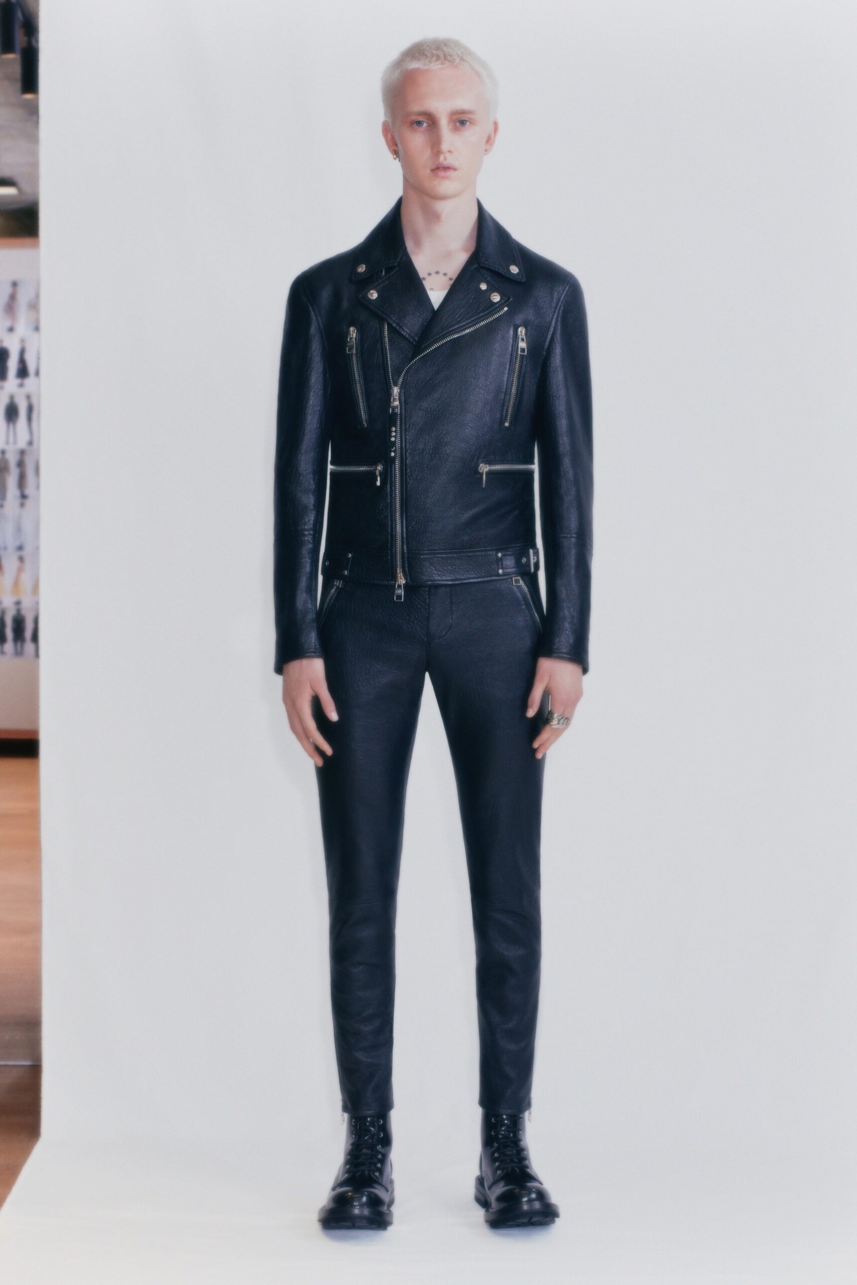 black leather fitted jacket and pants