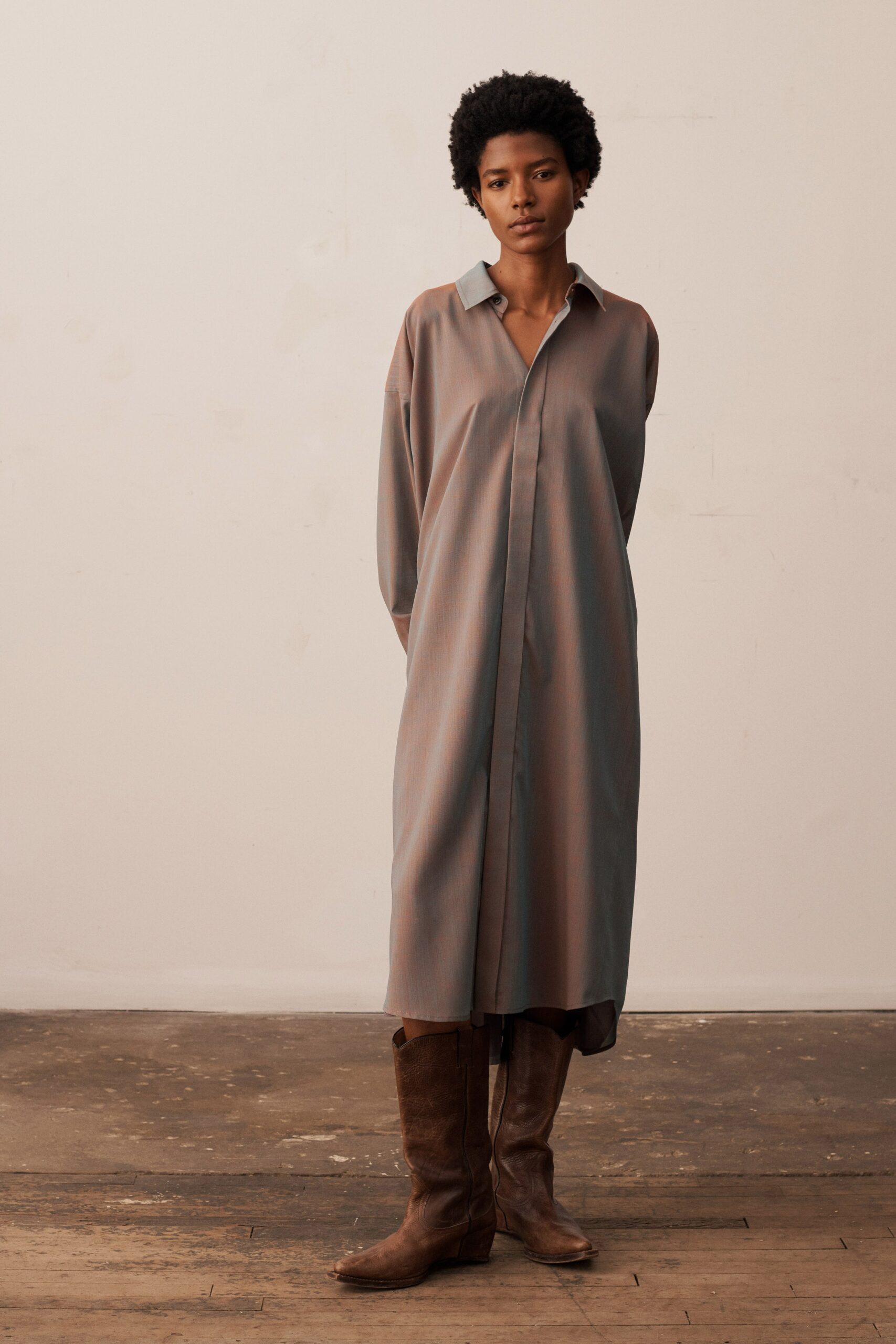 gray beige shirt-dress with brown boots