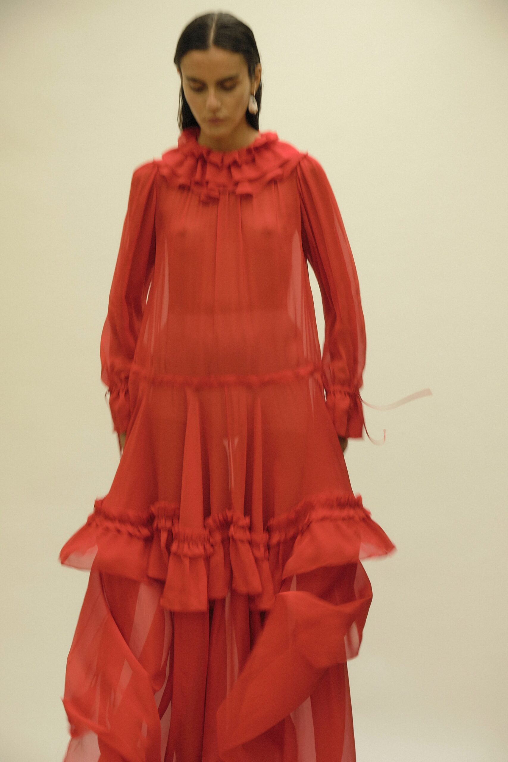 red flowing ruffled maxi dress