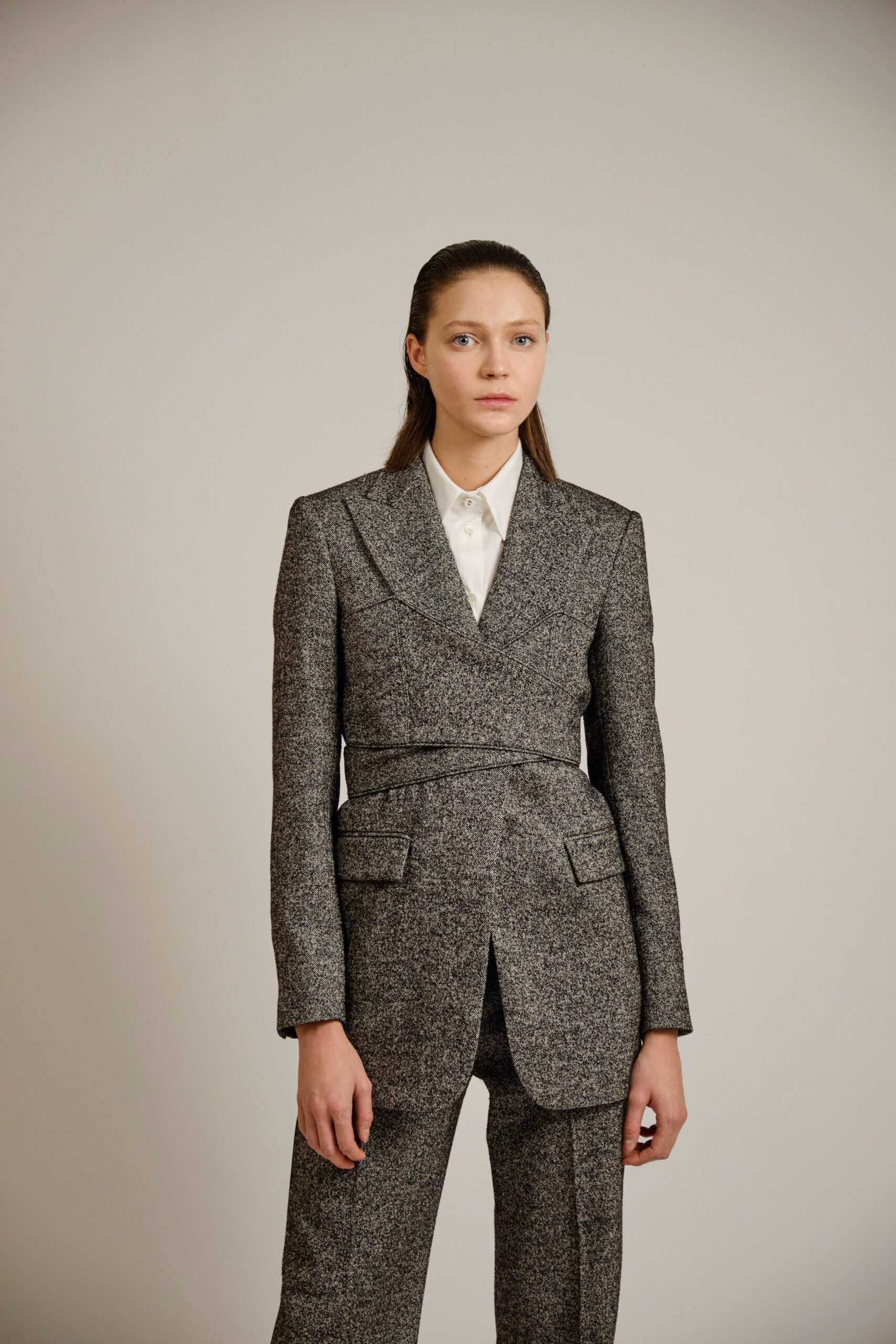 gray tweed tailored straight-leg pants