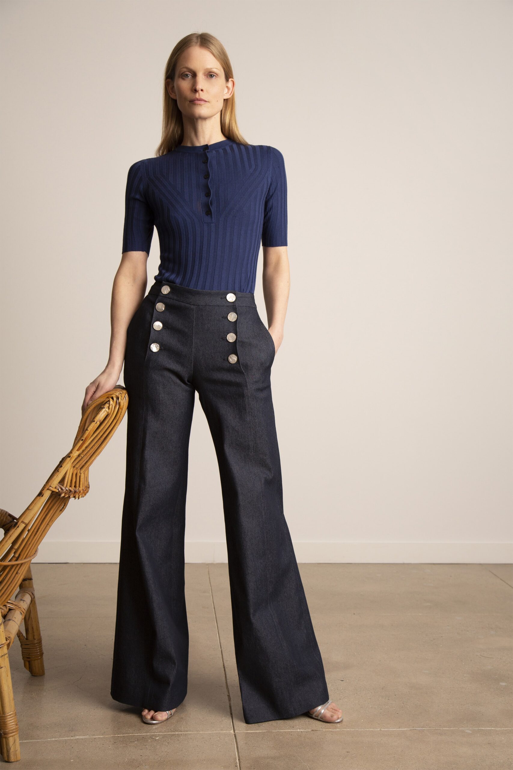 blue denim tailored wide-leg buttoned pants