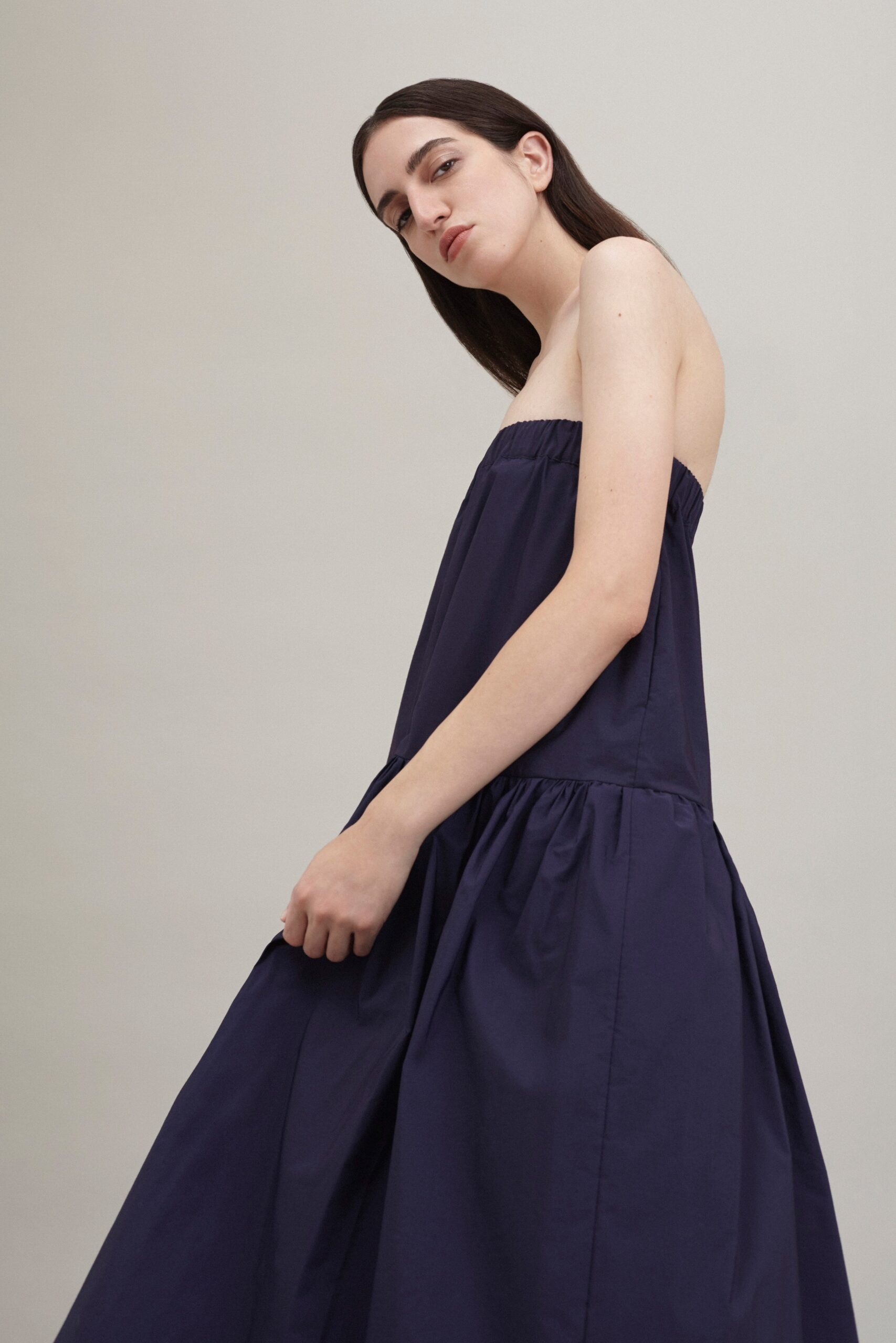 blue cotton strapless tiered dress